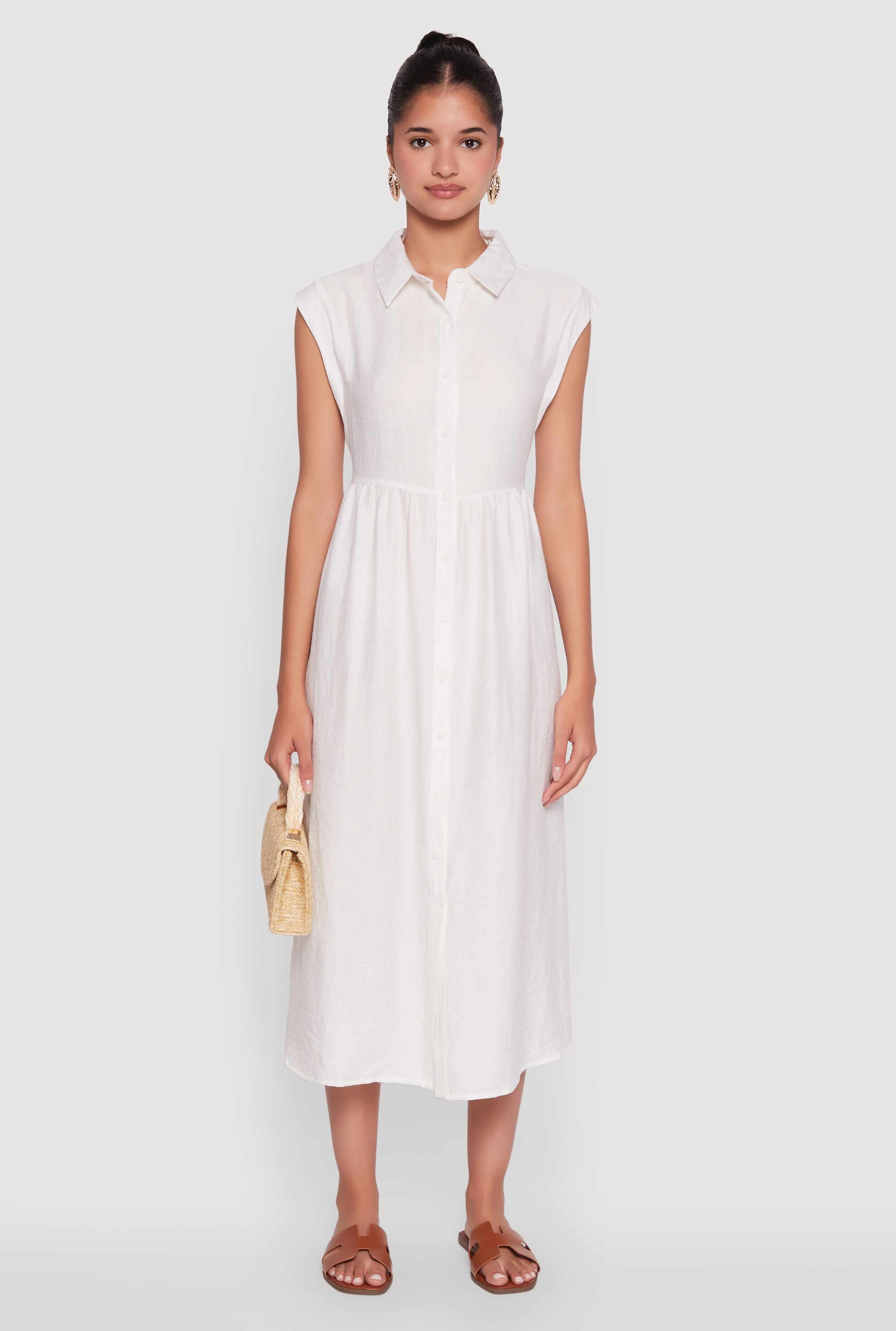 Linen Mid Length Shirt Dress with Cap Sleeves