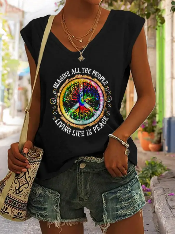 V-neck Hippie Imagine All The People Living Life In Peace Print Tank Top