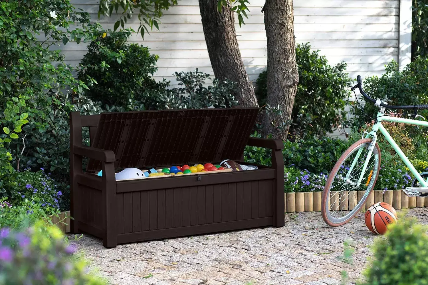 Keter Solana 70 Gallon Storage Bench Deck Box for Patio Furniture, Front Porch Decor and Outdoor Seating – Perfect to Store Garden Tools and Pool Toys,Brown/Brown