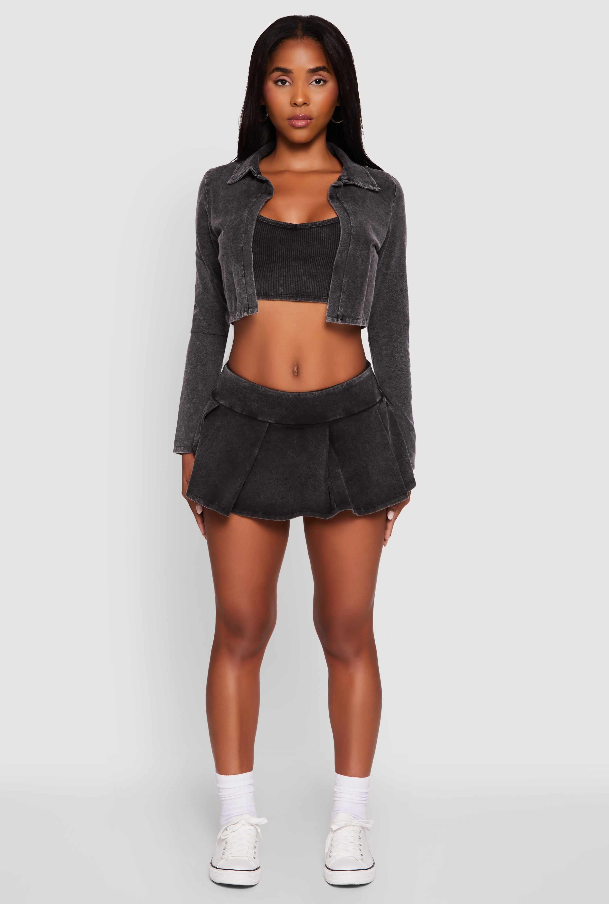 Acid Wash Cropped Rib Knit Cami with Long Sleeve Jacket