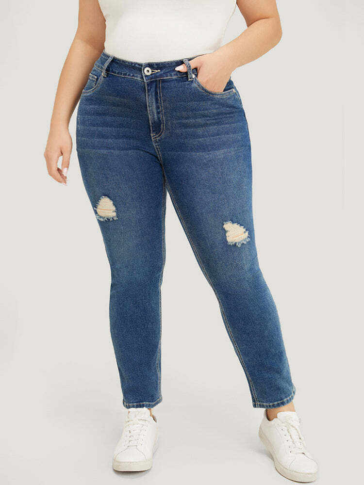 Straight Leg Very Stretchy High Rise Medium Wash Jeans