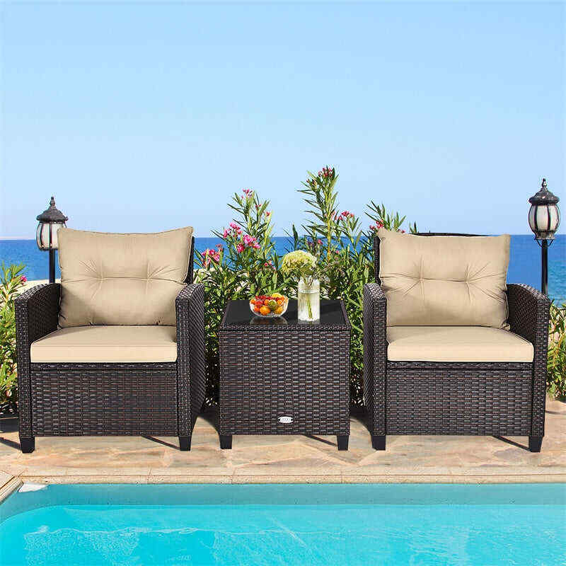 3 Pieces Patio Rattan Furniture Set Outdoor Wicker Conversation Set with Washable Cushion and Coffee Table