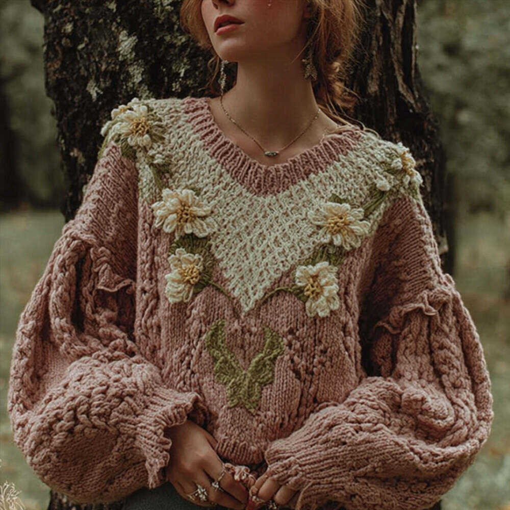 Women's Vintage Floral Round-neck Sweater