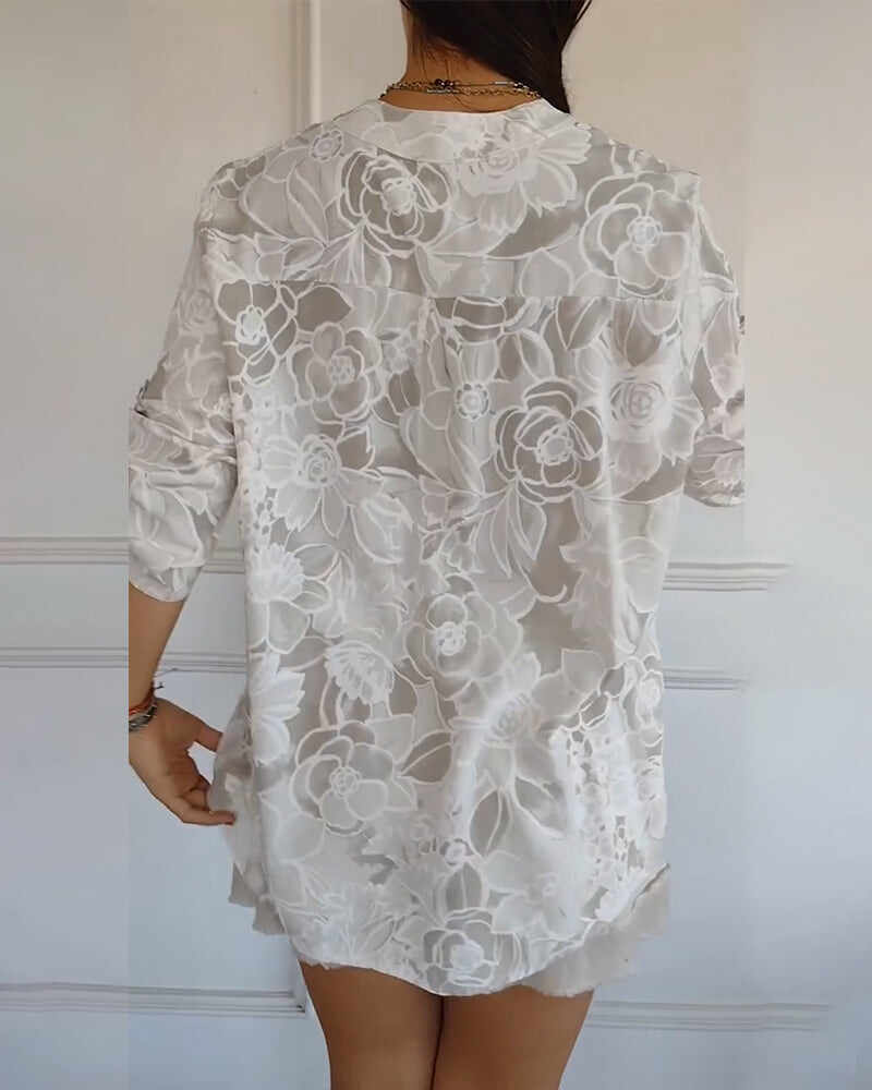 V-Neck Button-Down Printed Blouse