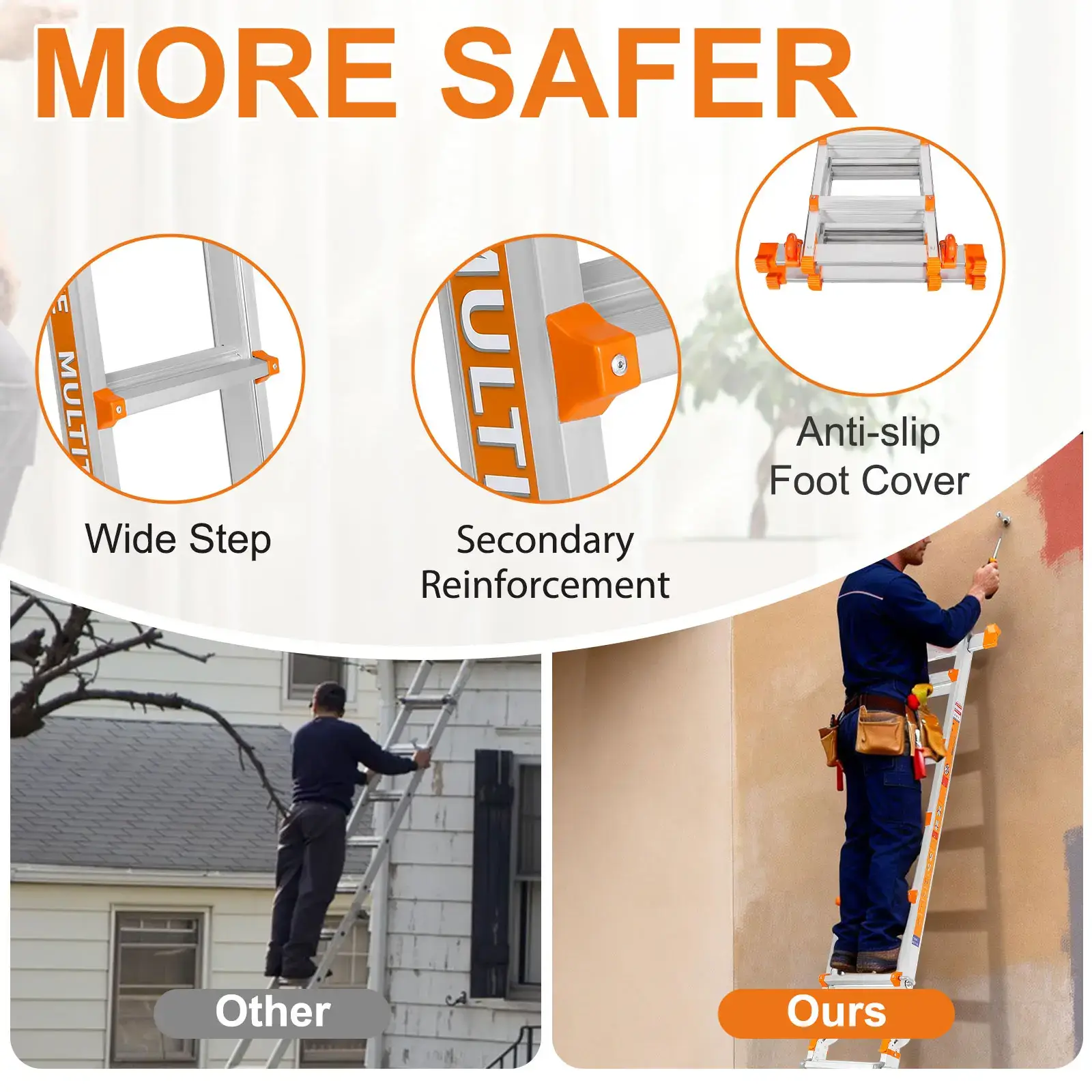 Multi-Position Extension Ladder, A-Frame Step Ladder with Stabilizer Bar & Wheels, 330LBS Security Load, Safe for Stairs, Home, Indoor, Outdoor & Roof Work