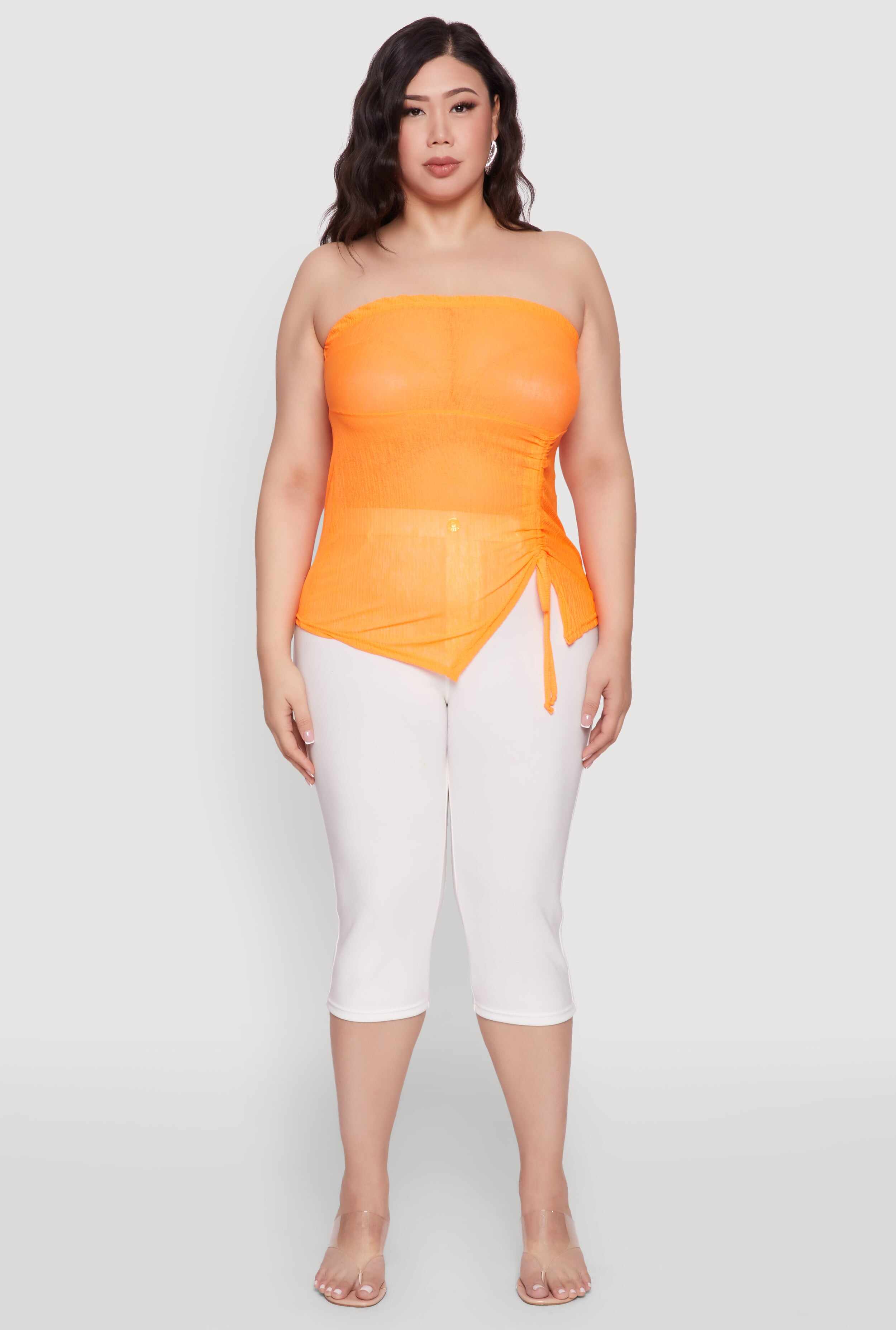 Plus Size Sheer Ruched Drawstring Tube Top