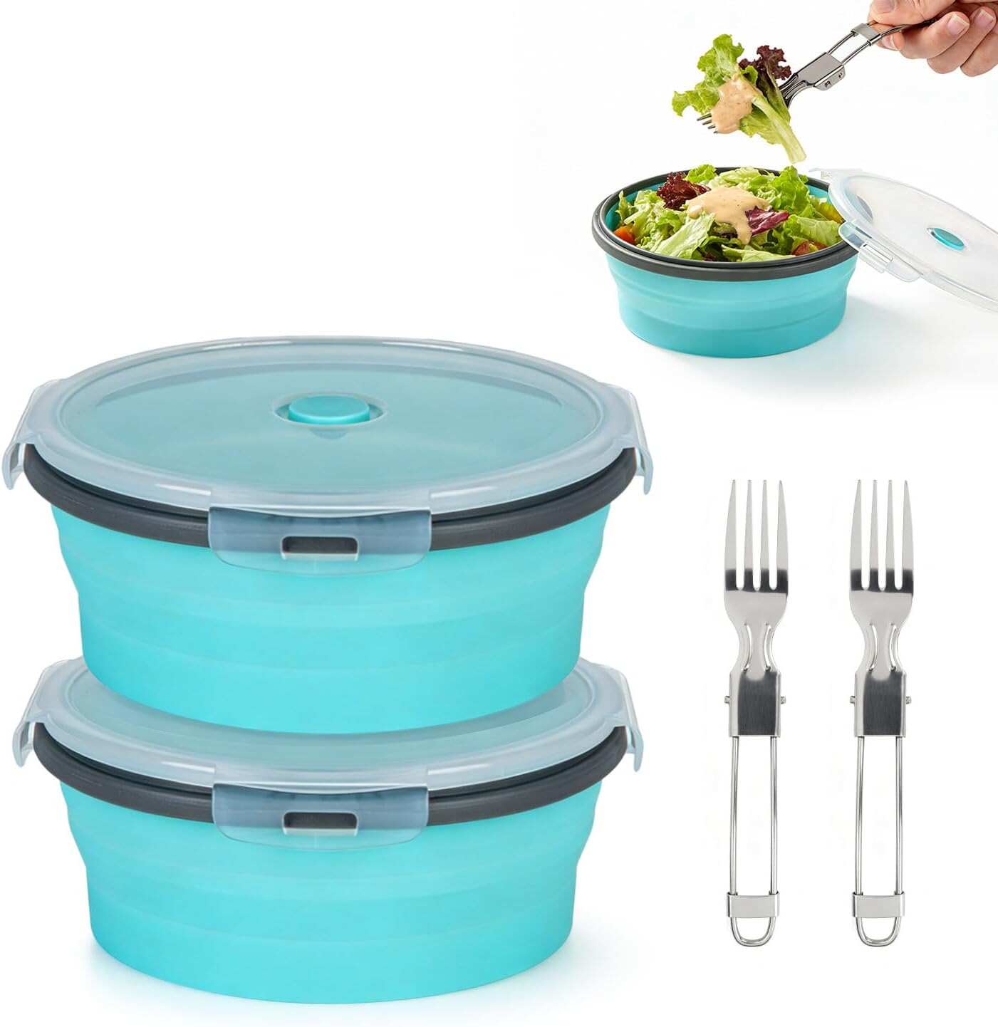 Collapsible Silicone Camping Bowl with Airtight Lid, Large 1200ml/42oz, Foldable Bowl for Travel, RV, Leakproof Food Storage, Microwave & Fridge Safe, Includes Stainless Steel Fork
