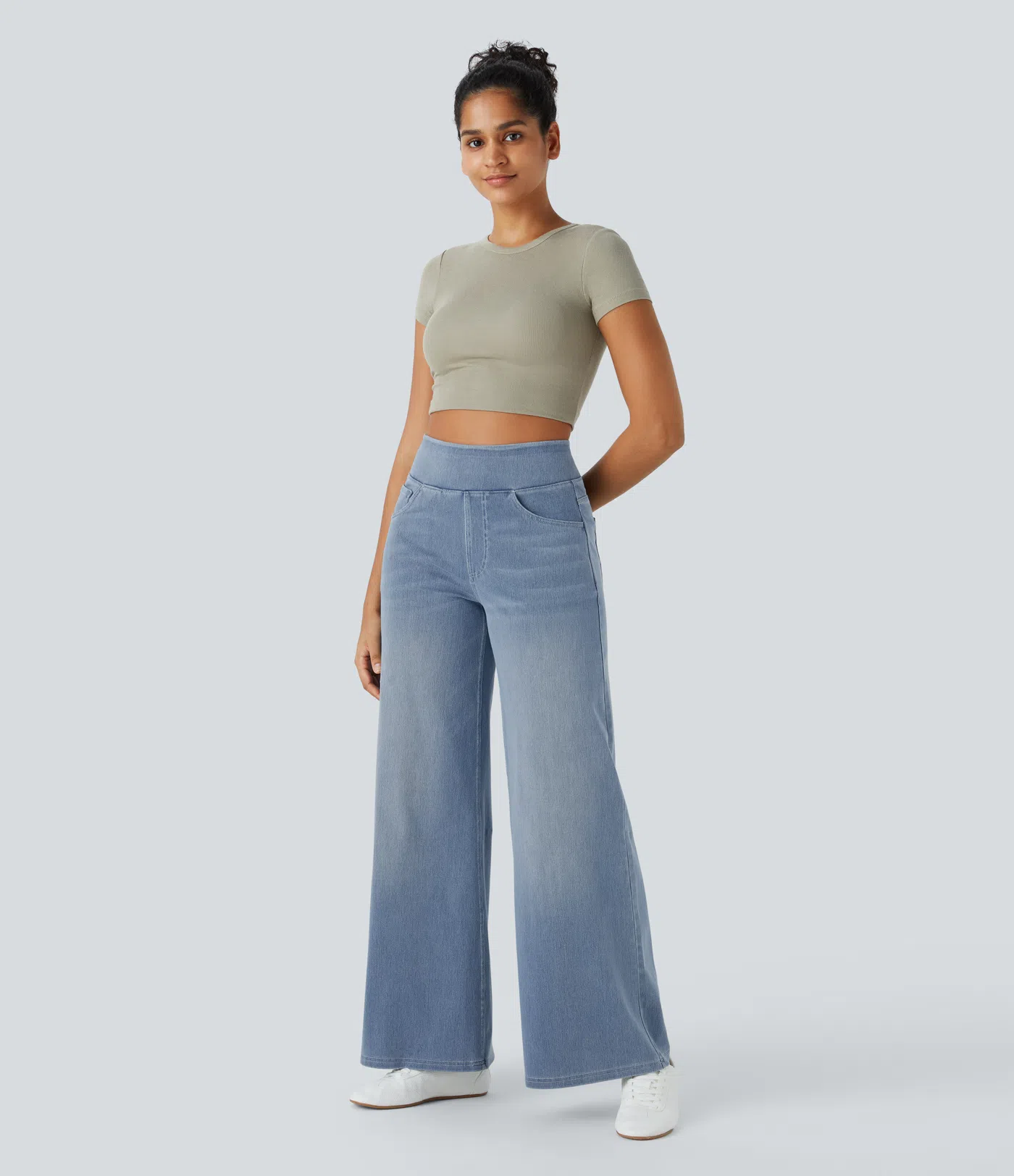 💝Last day promotion⚡High Waisted Multiple Pockets Baggy Wide Leg Washed Stretchy Knit Casual Jeans
