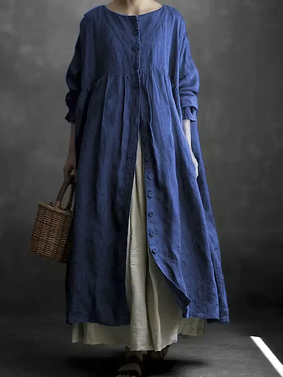 🔥Summer Arrivals🌟Women's Solid Color Art Casual Long Sleeve Cotton Linen Dress