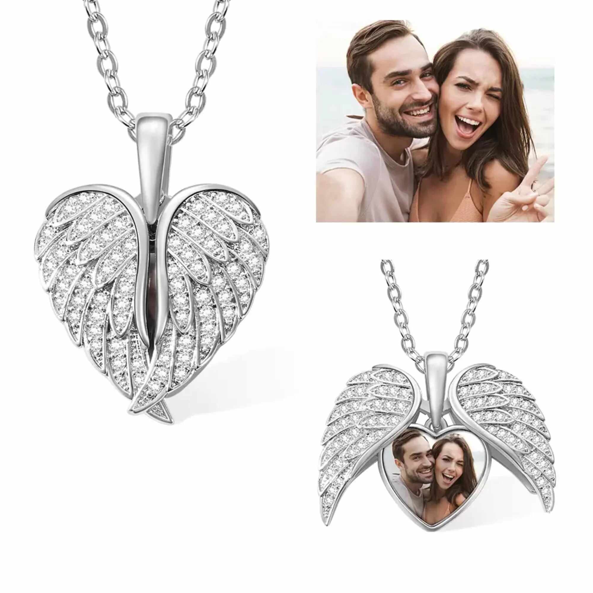 Heart Shape Angel Wing Photo Locket Necklace Anniversary Birthday Gift for Women