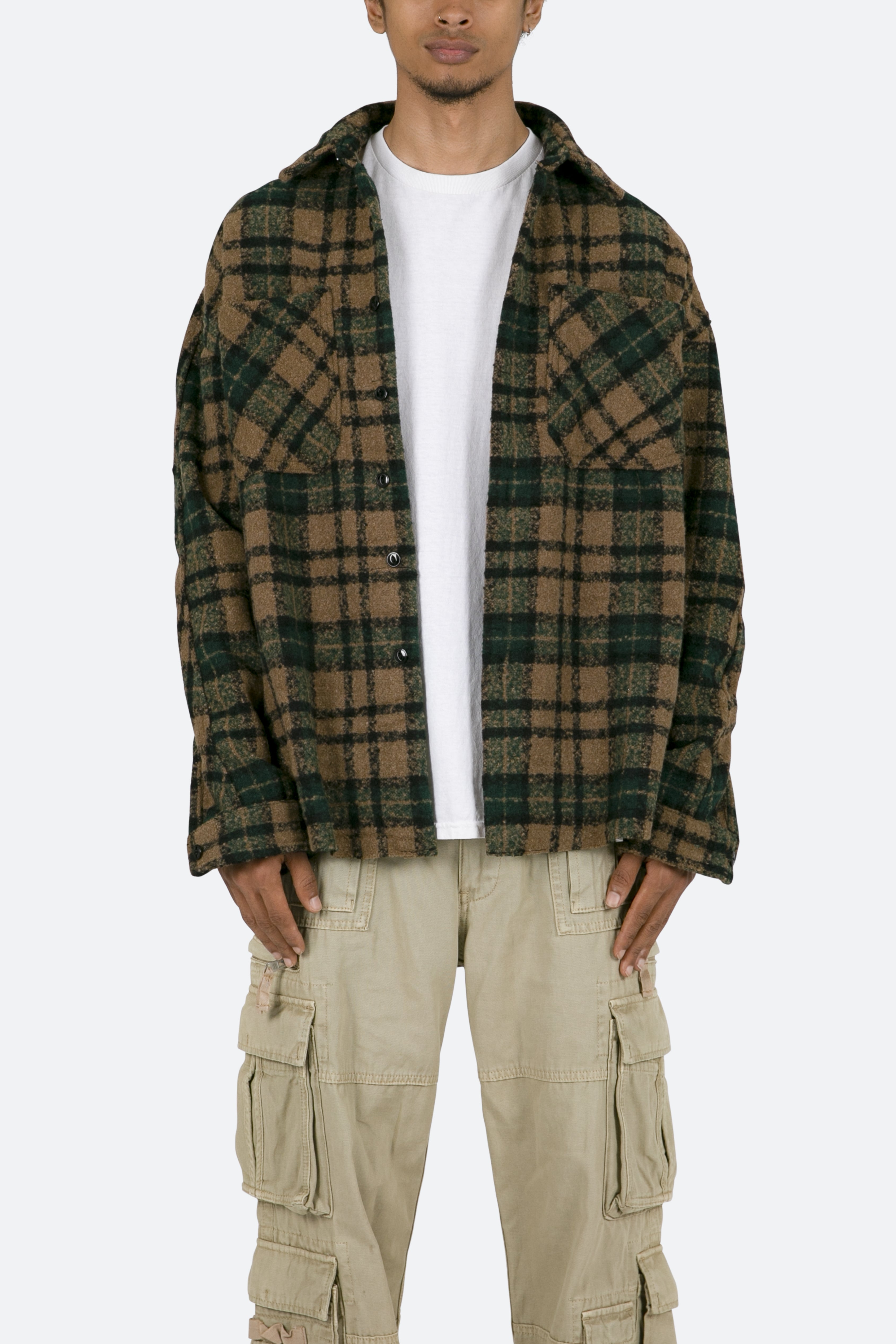 Loose Woven Flannel Shirt - Green/Black