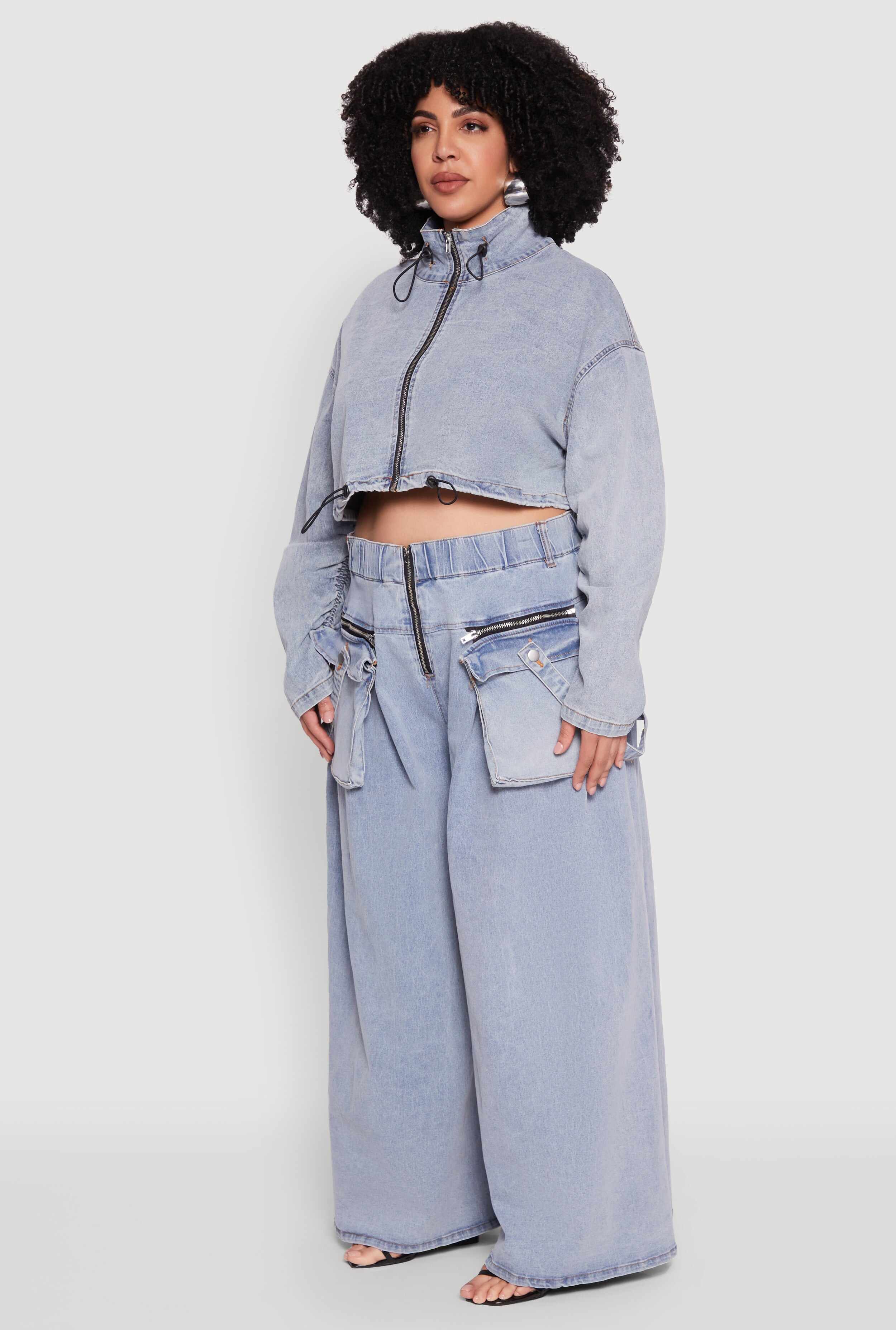 Plus Size Spoon Jeans Drawstring Cropped Jacket
