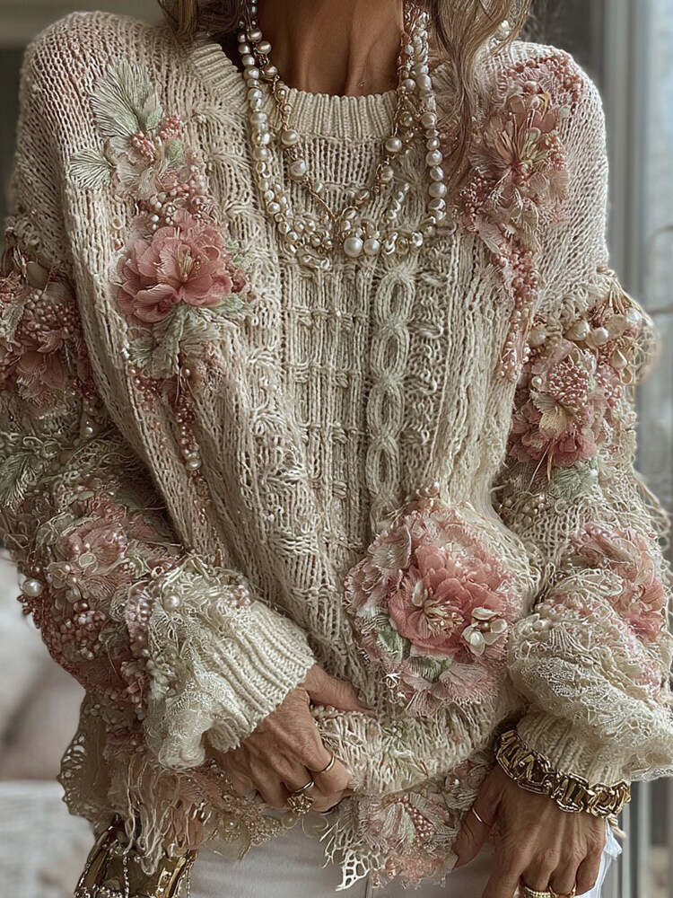 Women's Pink Rose Knitted Warm Long Sleeve Crew Neck Sweater