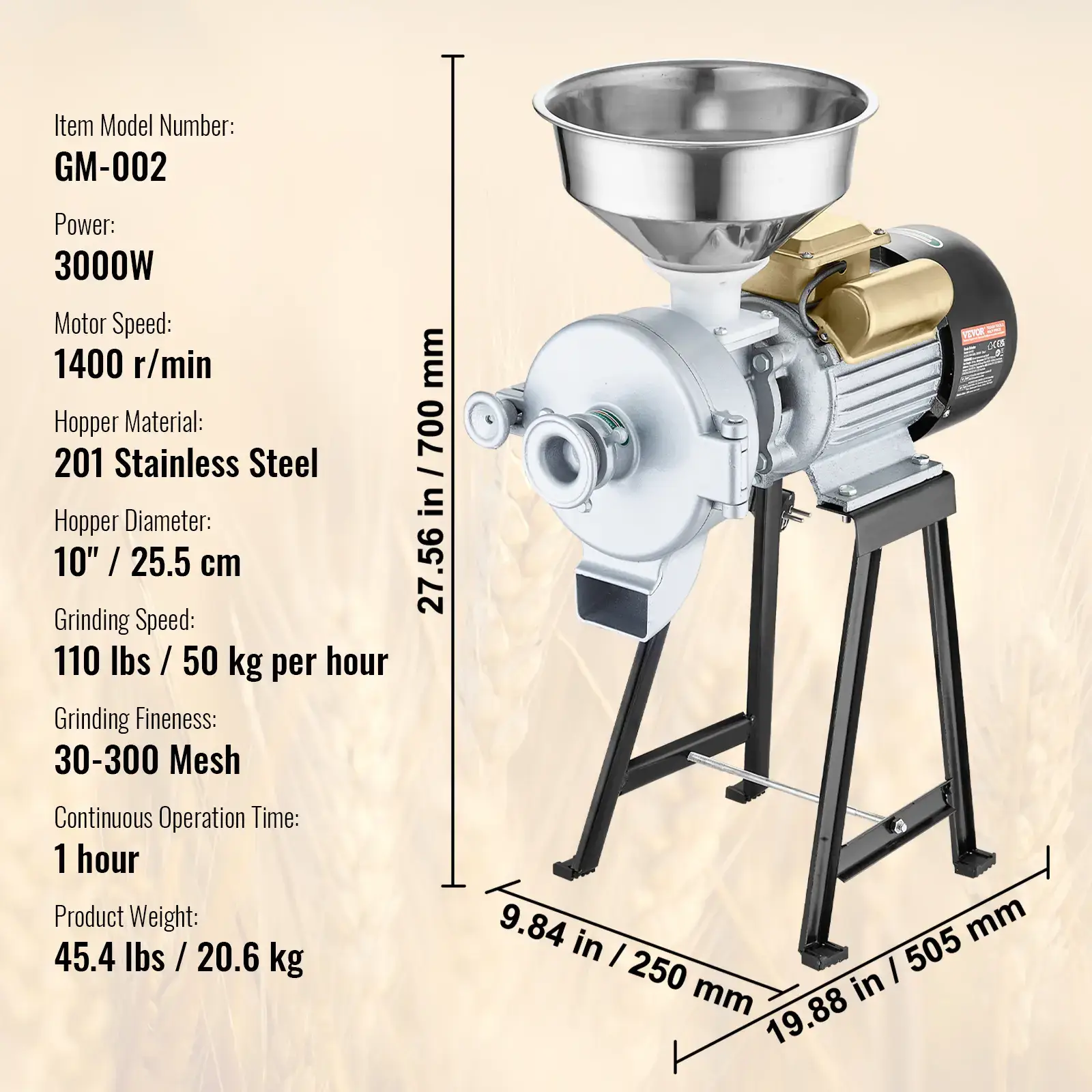 3000W High Power Commercial Grain Grinder, Heavy Duty Dry Wet Electric Mill, Adjustable Thickness Powder Machine for Wheat Corn Spice Cereal with Feeding Funnel