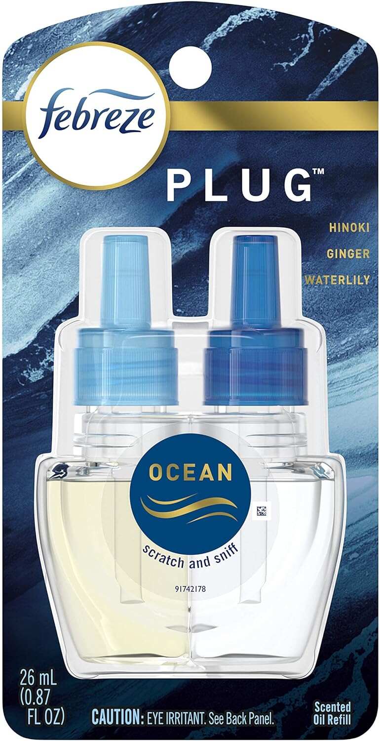 Febreze Odor-Fighting Fade Defy PLUG Air Freshener, Mountain, Ocean, Amber, (3) .87 fl. oz. Oil Refills