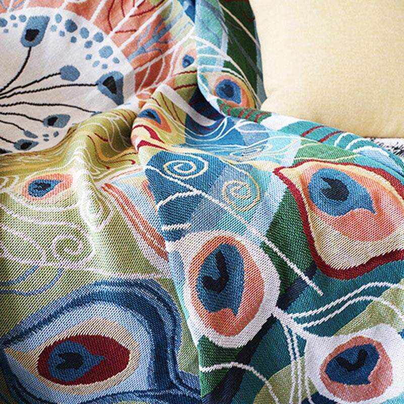 Peacock Print Tassel Reversible Blanket