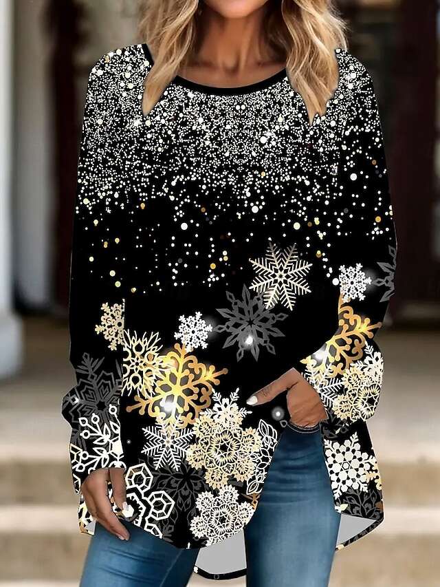 Women's Christmas Sweatshirt Reindeer Snowflake Print Long Sleeve Crew Neck Holiday Red White Casual Festive Winter Clothing Apparel