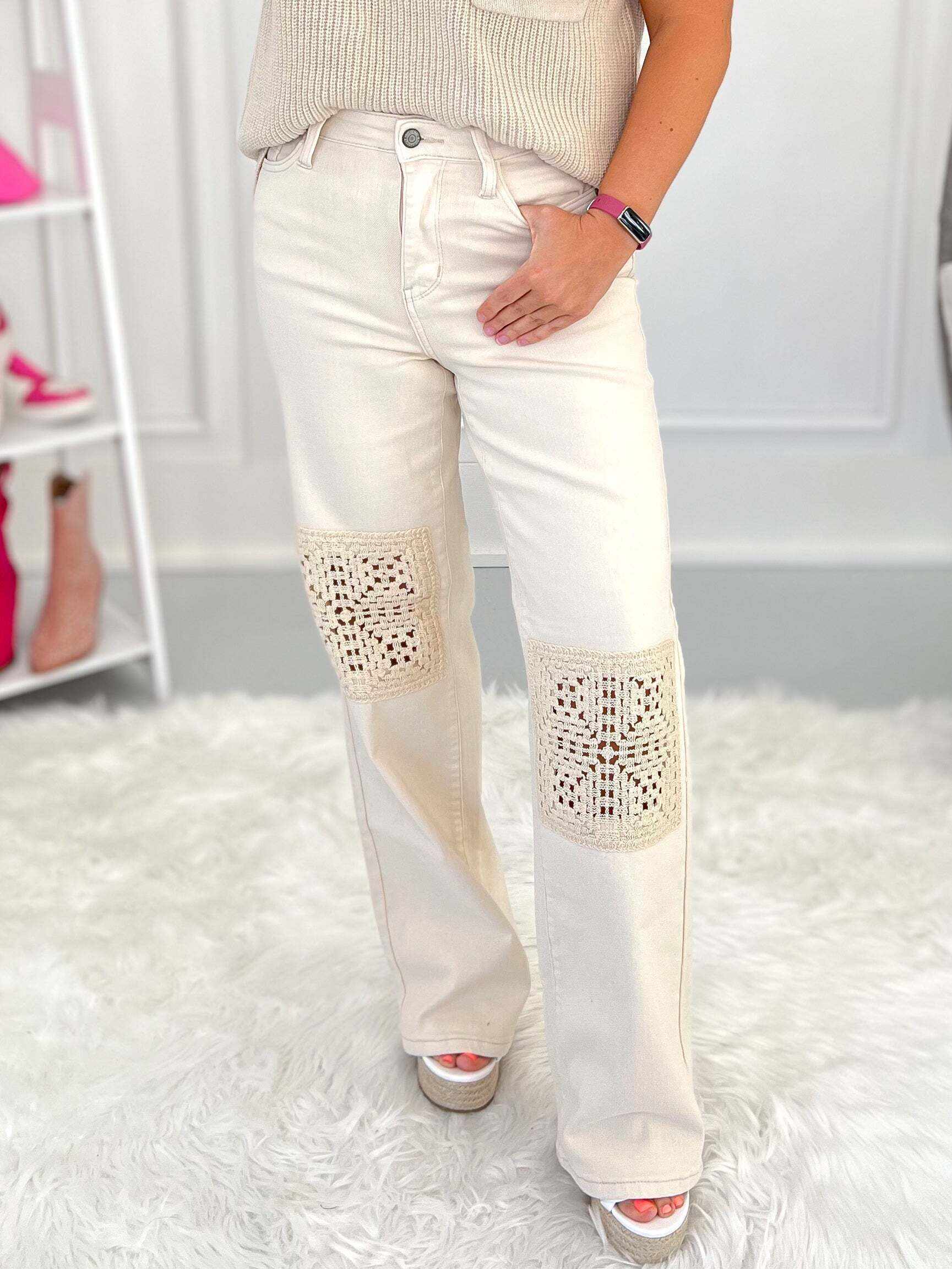 Christmas - Beige Dyed Crochet Patched Wide Jeans - Final Sale