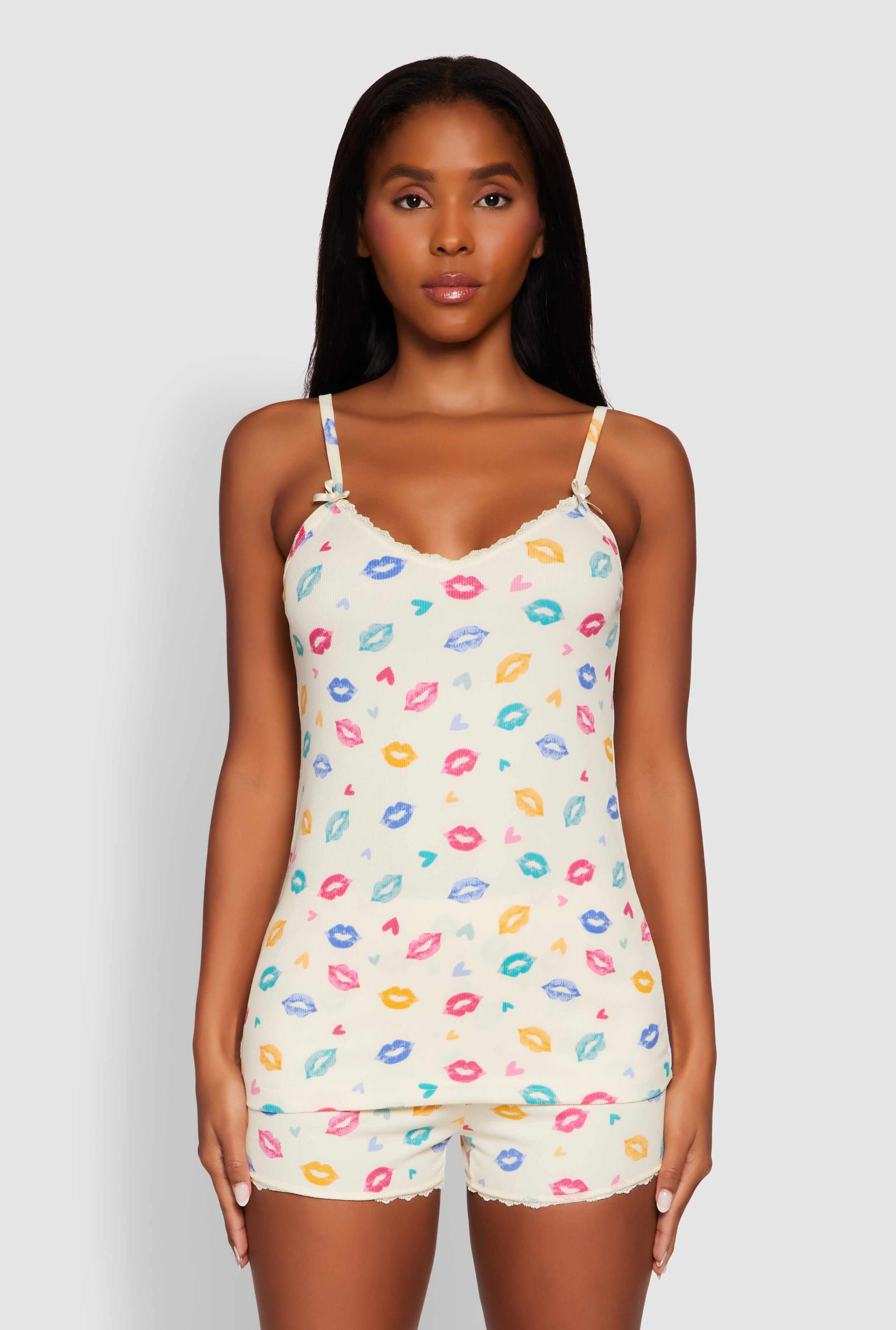 Heart Lip Print Pajama Cami and Shorts Set
