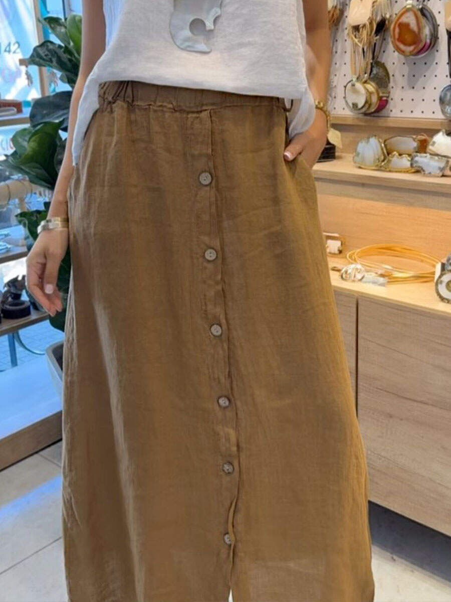 🔥Summer Arrivals🌟Women's Solid Color Elastic Waist Buttons Casual Pockets Linen Skirt
