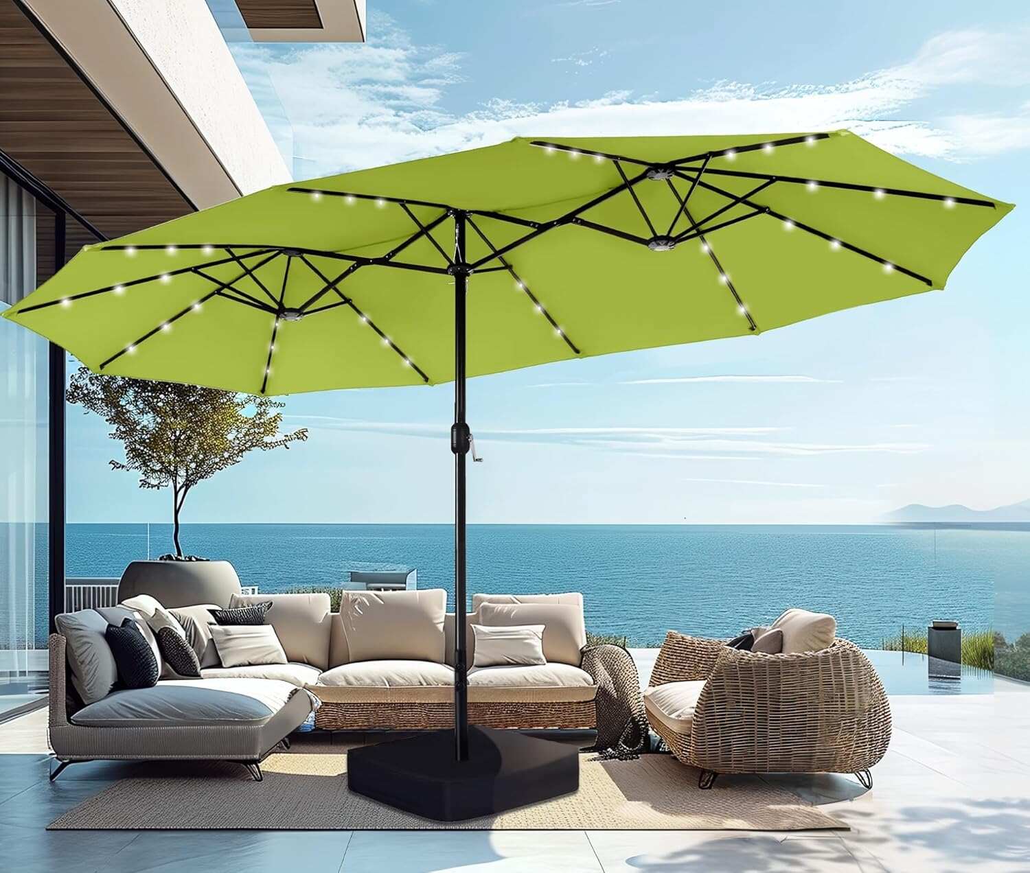15ft Double-Sided Rectangular Patio Umbrella with Solar LED Lights & Base