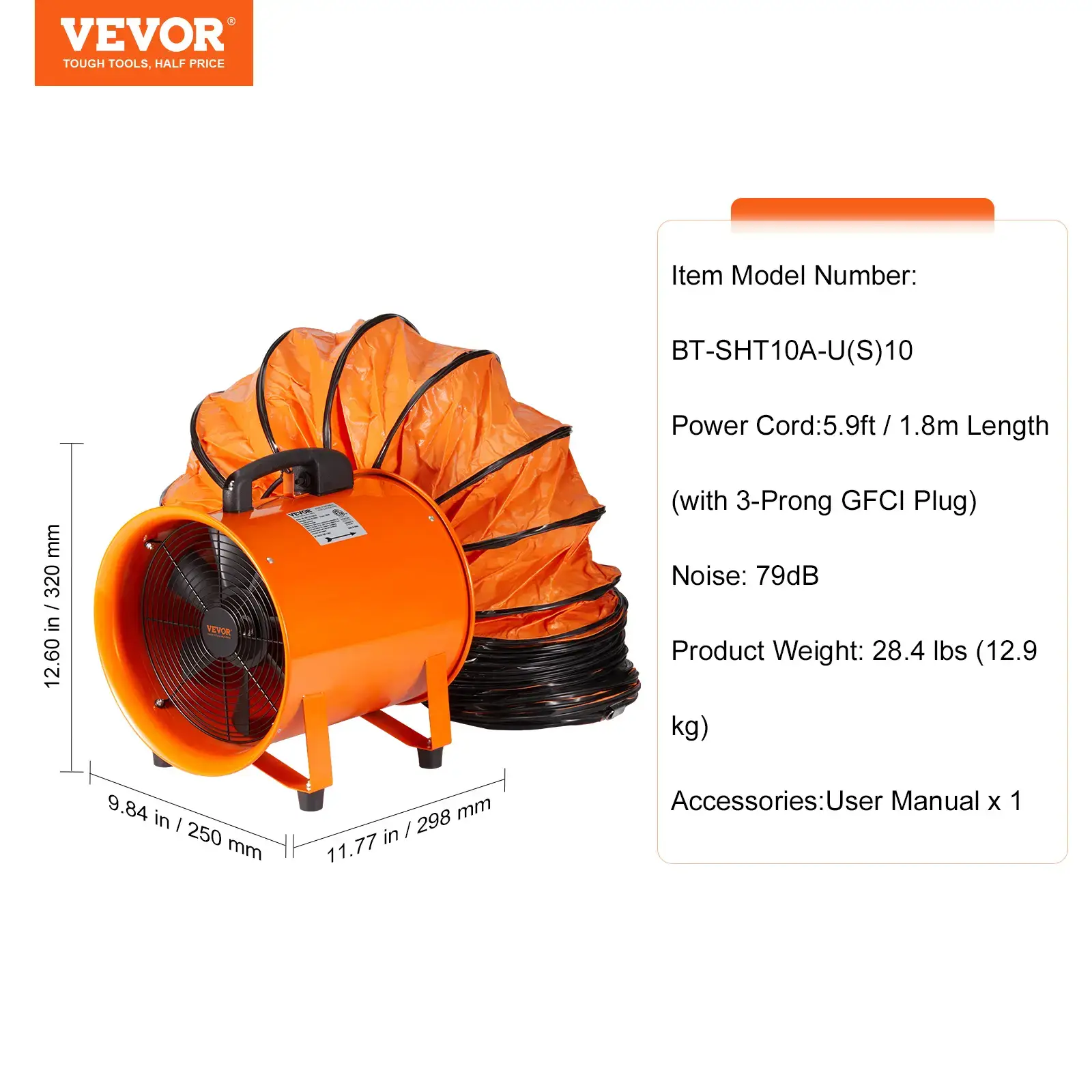 Portable Industrial Drum Fan10 in Heavy-Duty Cylinder Blower with 33ft Duct Hose380W 1893FM Ventilation Fan BoosterShop Exhaust Utility Tool for Dust & Smoke Removal (Home/Workplace)