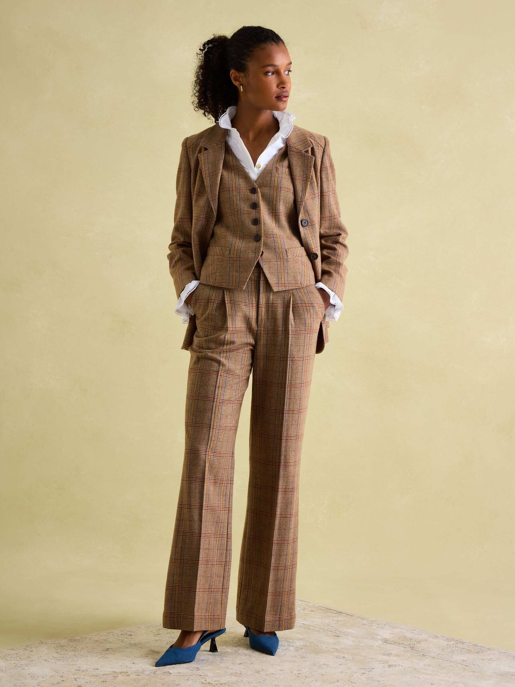 Foxley Check Brown Wide Leg Tweed Trousers
