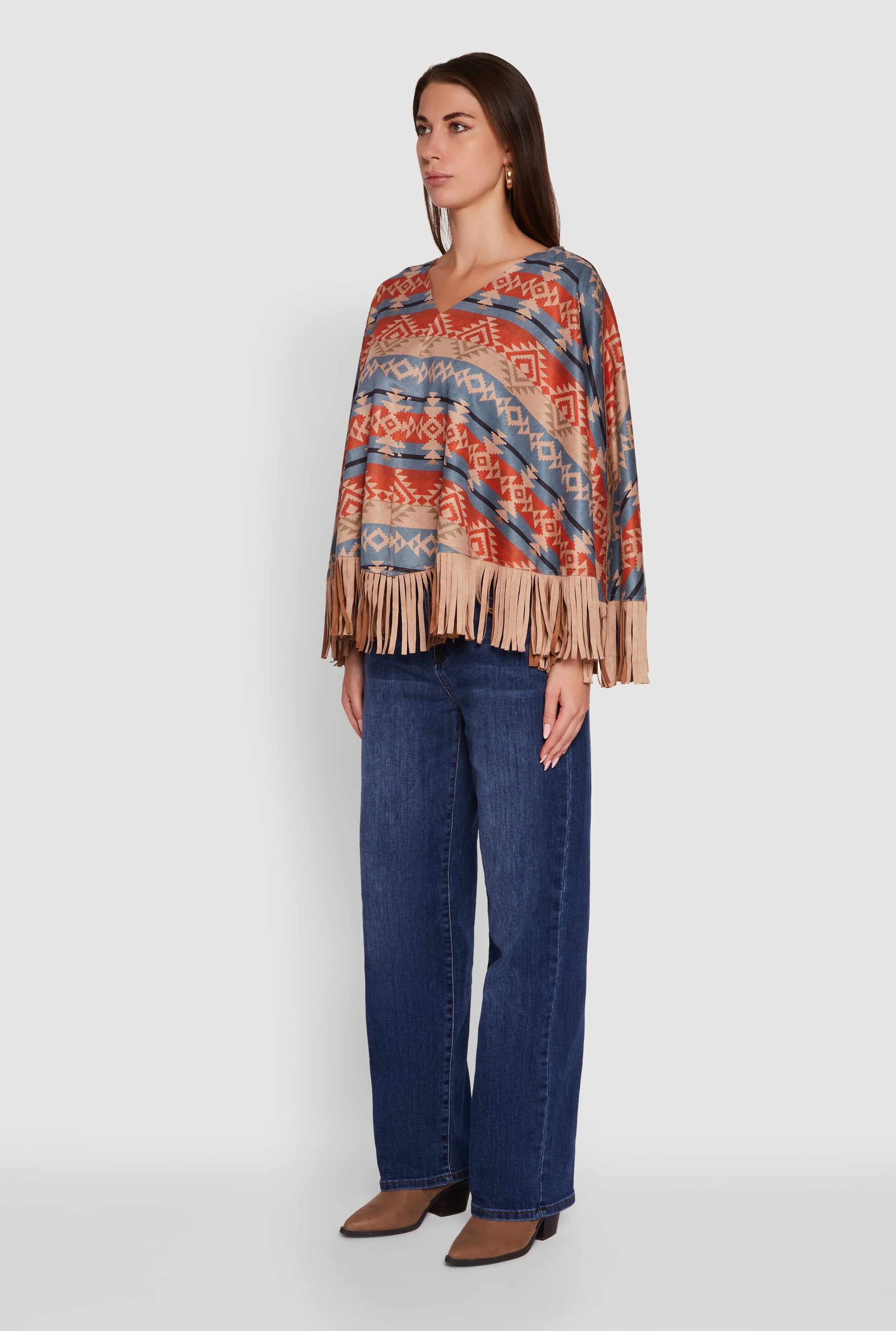 Faux Suede Aztec Print Fringe Poncho