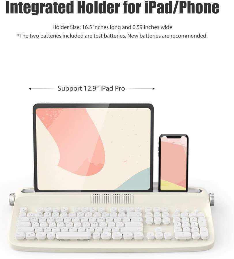Typewriter Keyboard Wireless Bluetooth 5.0 Retro Aesthetic Cute Kawaii Round Keycaps 106-Key with Num Pad Clicky Mechanical Feeling with Pad/Phone Holder for Windows/Mac OS/Android/iOS (Mint)