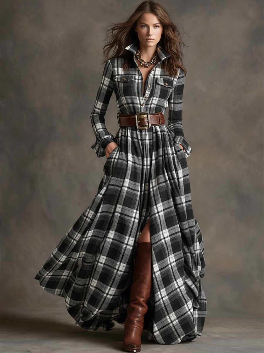 Retro Ethnic Style Lapel Reddish Brown Plaid Maxi Dress