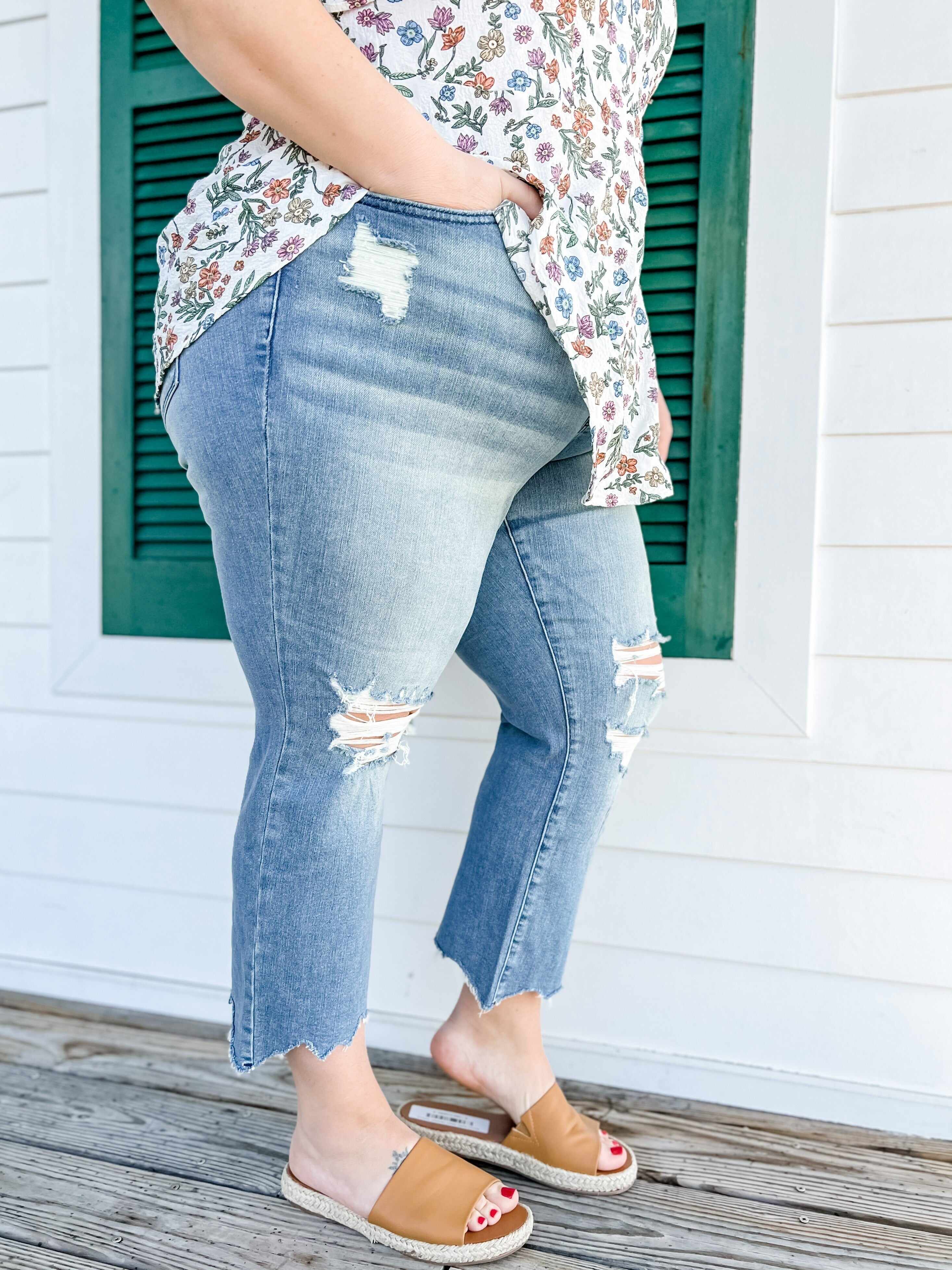 🔥Hot Sales🔥Look At Me Now Medium Wash Mid Rise Distressed Cropped Straight Leg Jeans