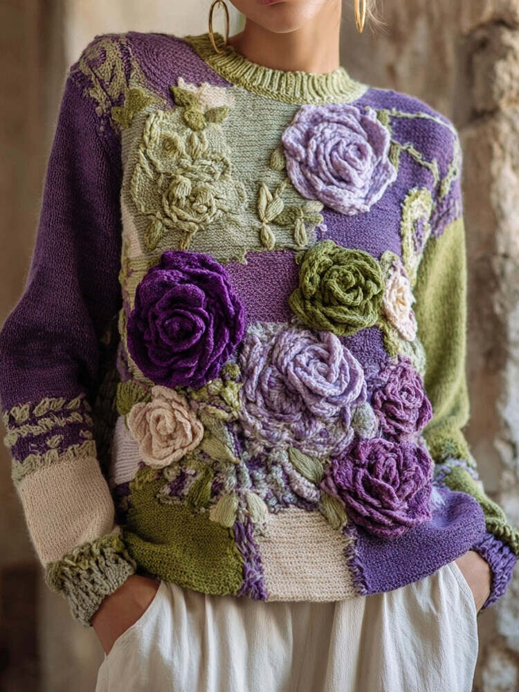 Vintage Roses Embroidered Patchwork Crew Neck Cozy Sweater