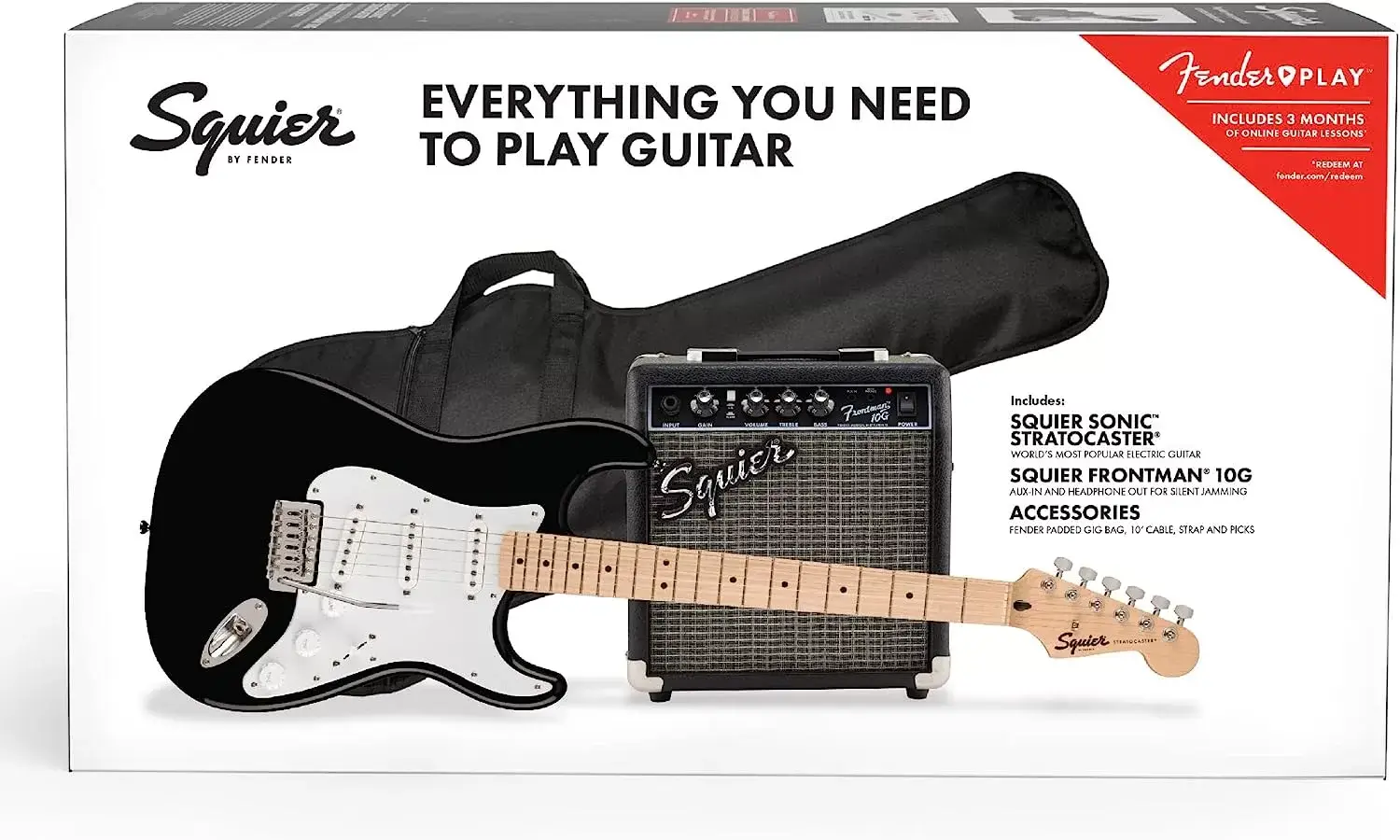 Fender Squier Stratocaster - Sunburst Bundle with Frontman 10G Amp, Gig Bag, Instrument Cable, Tuner, Strap, Picks, Fender Play Online Lessons, Instructional Book, and Austin Bazaar Instructional DVD