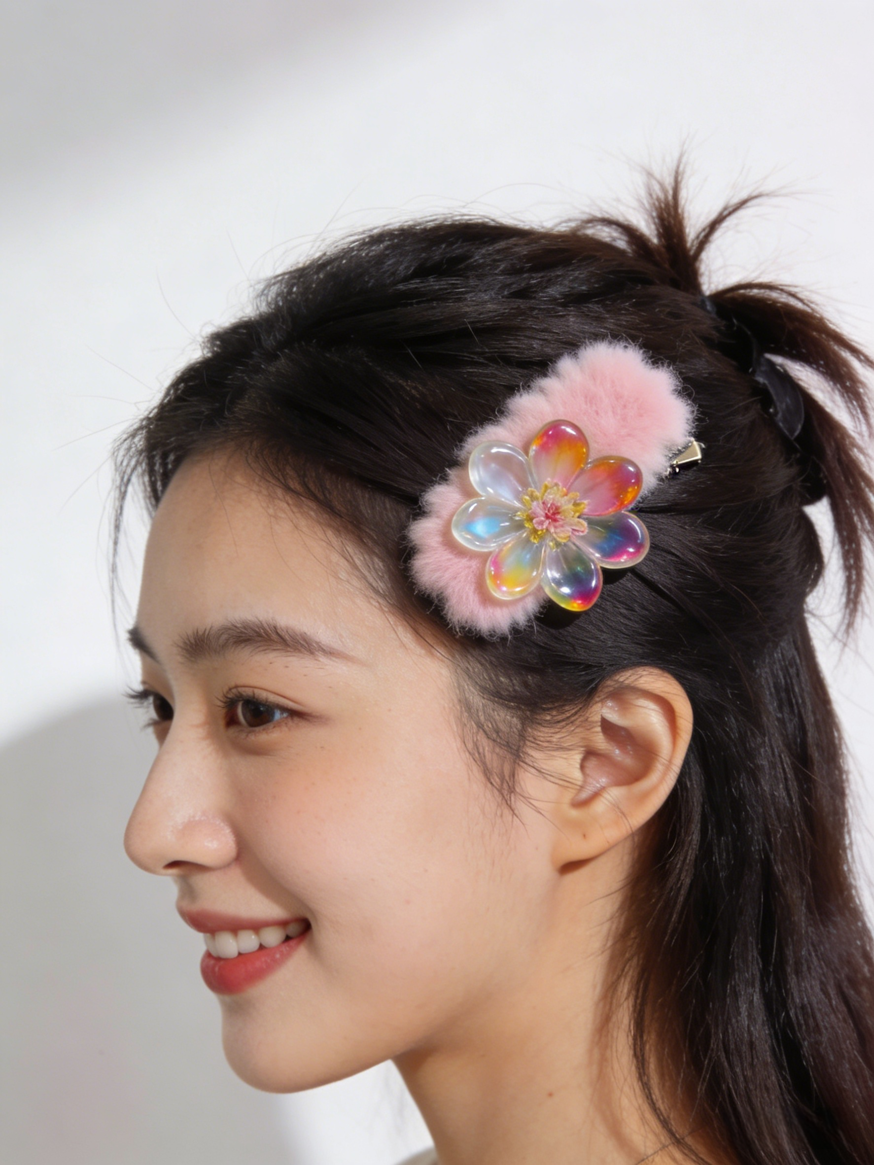 Handmade Resin Fuzzy Fur Fluffy Floral Hairpin