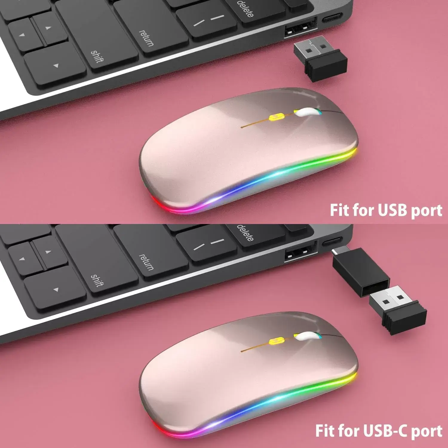 [Upgrade] LED Wireless Mouse, Slim Silent Mouse 2.4G Portable Mobile Optical Office Mouse with USB & Type-c Receiver, 3 Adjustable DPI Levels for Notebook, PC, Laptop, Computer, MacBook (Pink)