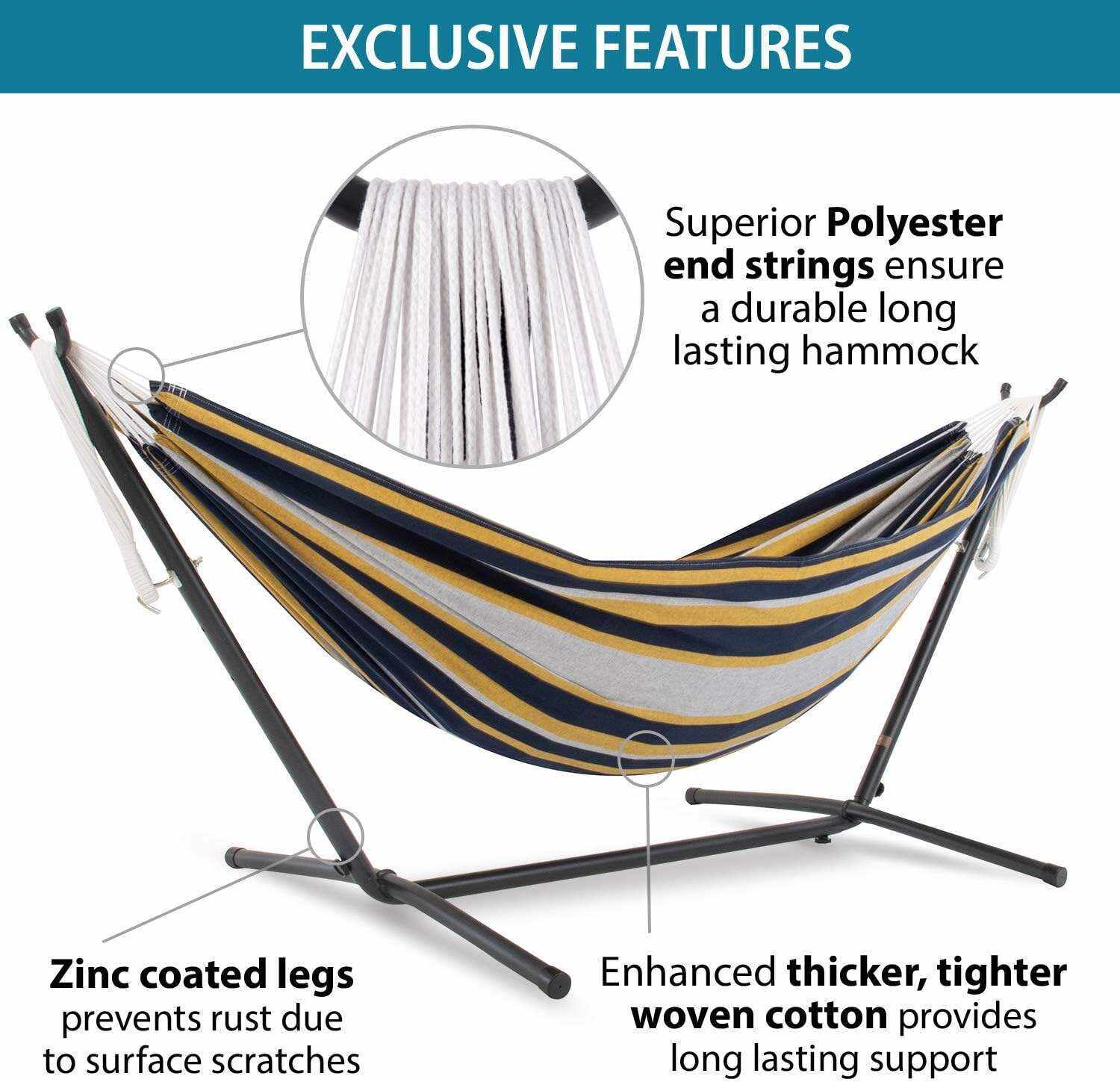 Double Cotton Hammock with Space Saving Steel Stand, Tropical (450 lb Capacity - Premium Carry Bag Included)