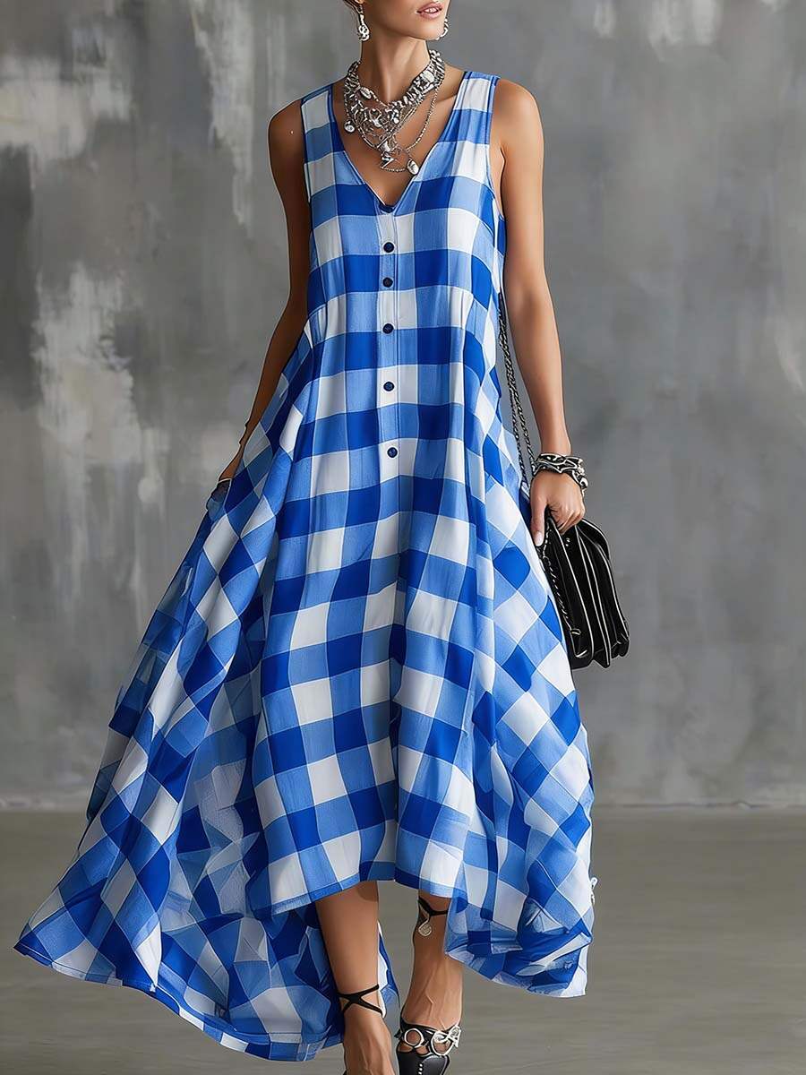 🔥Summer Arrivals🌟Women's V-neck Sleeveless Plaid Print Casual Loose Cotton Linen Dress