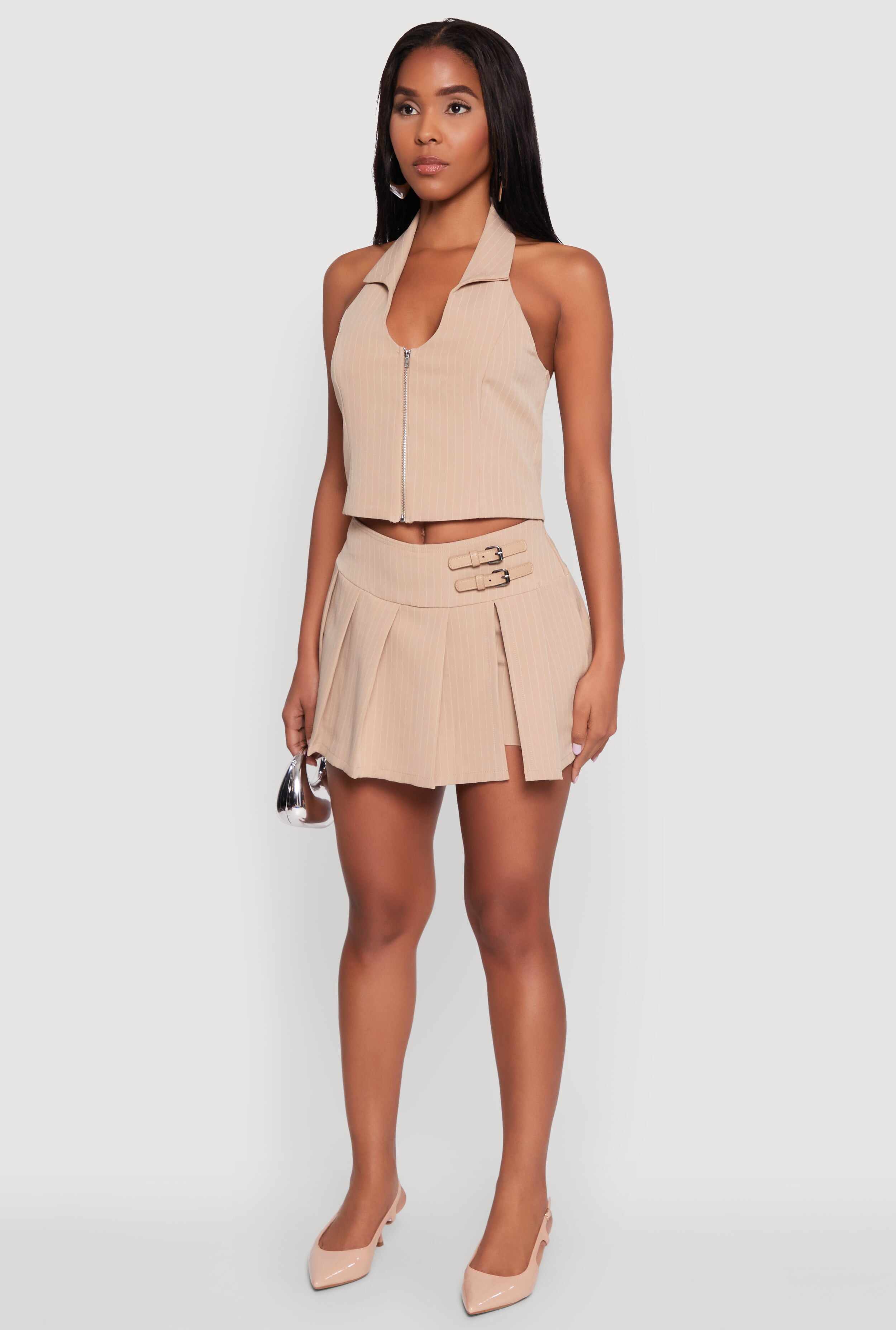 Iris Pinstripe Zip Front Collared Halter Top