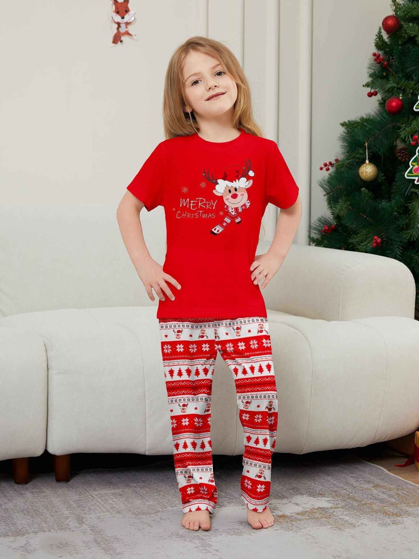 Fawn Printed Short Sleeve Family Matching Christmas Pajamas Sets