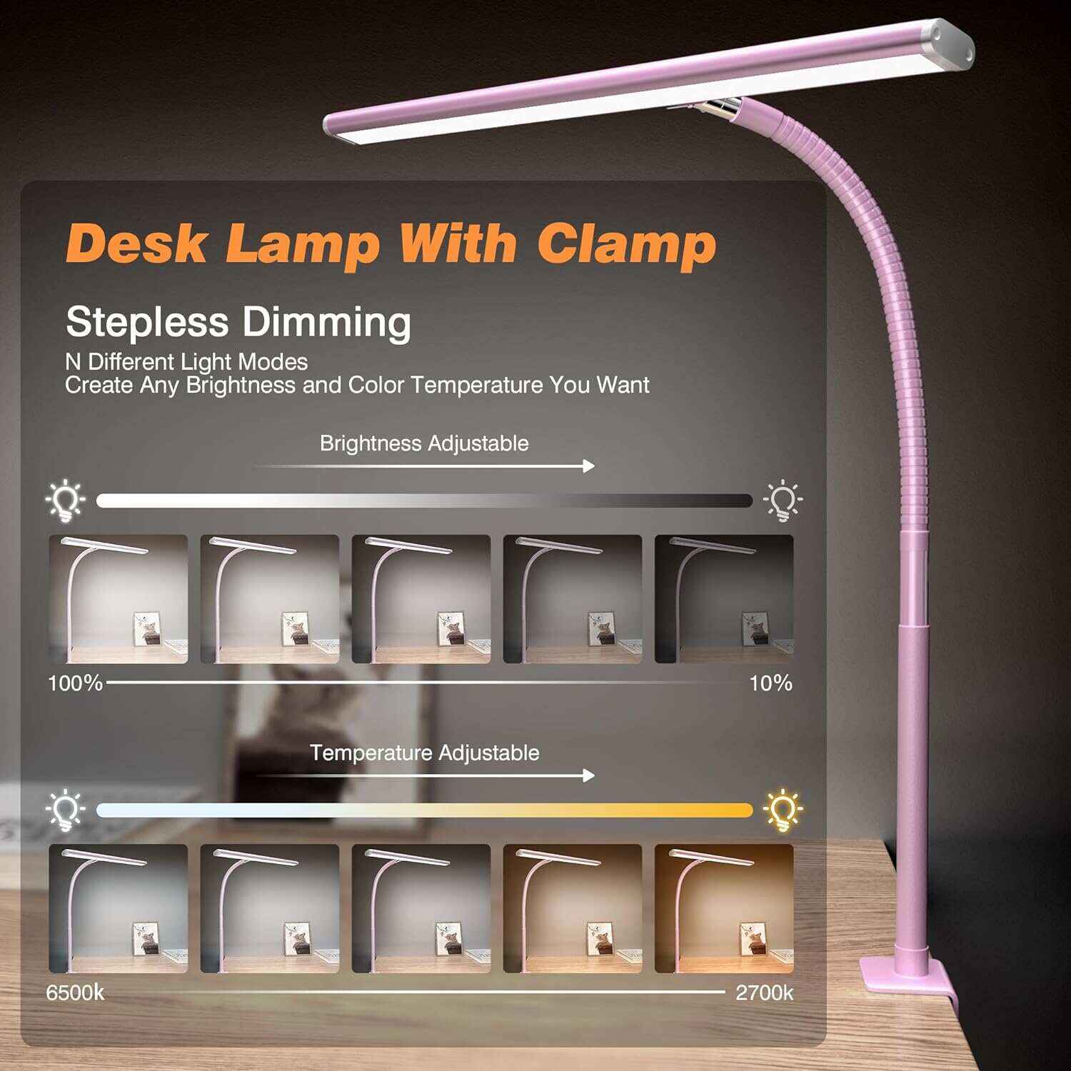 LED Desk Lamp for Office Home, Eye-Caring Desk Light with Stepless Dimming Adjustable Flexible Gooseneck, 10W USB Adapter Desk Lamp with Clamp for Reading, Study, Workbench (Black)