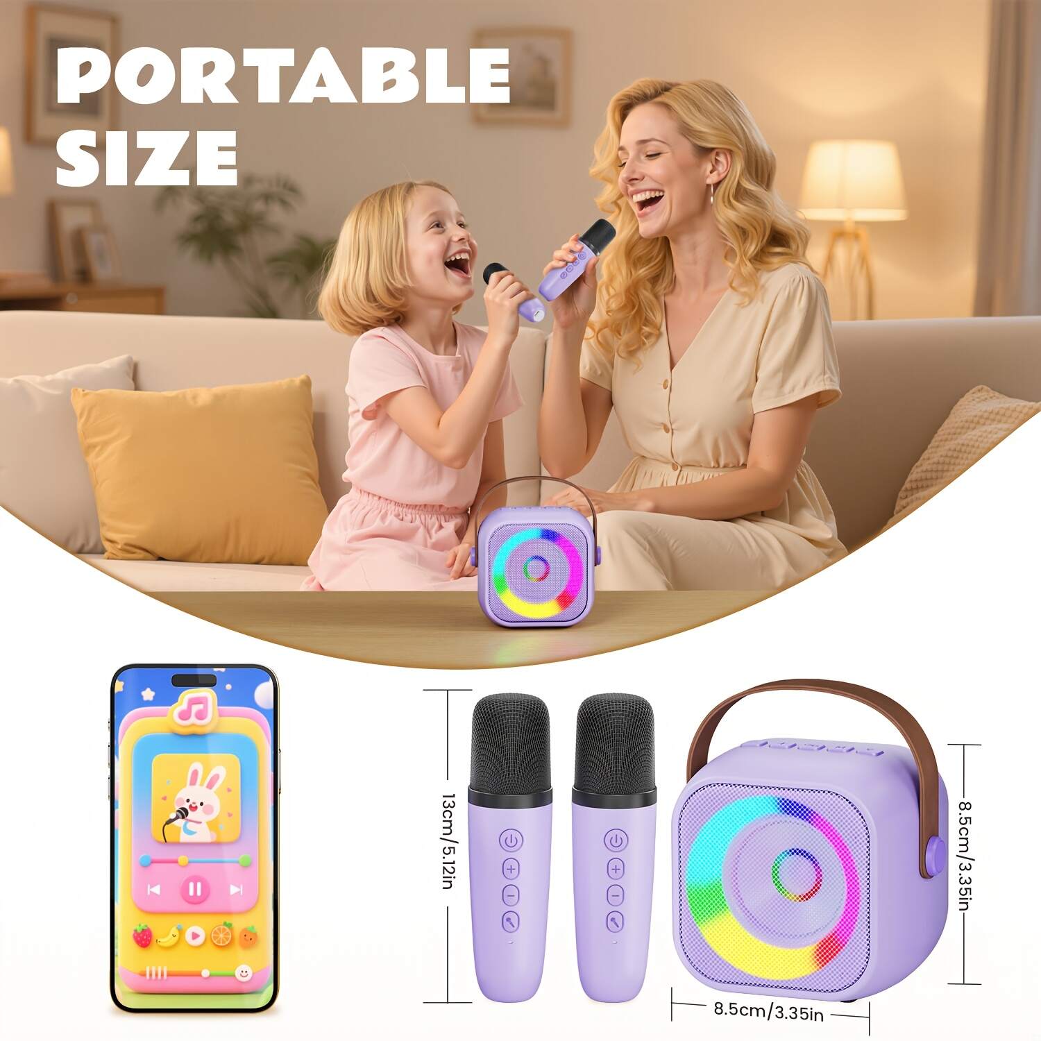 Portable Karaoke Machine, Wireless Speaker, Equipped With Dual Microphones, Rechargeable Lithium Battery, LED Party Light, Suitable For Smartphones, Tablets And Home Entertainment