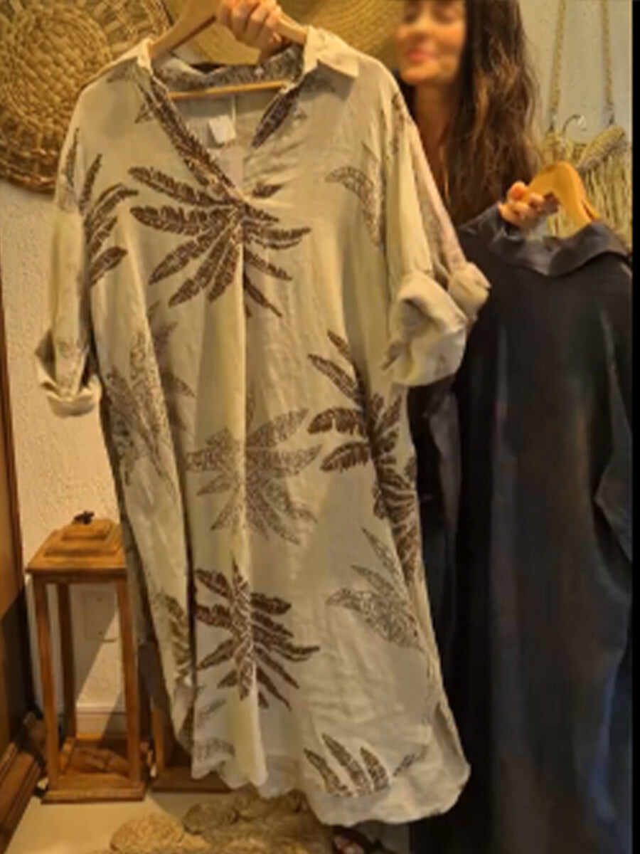🔥Summer Arrivals🌟Casual Leaf Print Linen And Cotton Dress