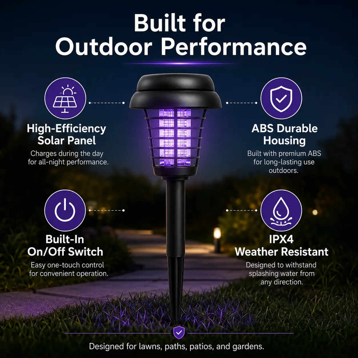 Solar Mosquito Zapper Light – Outdoor Garden Stake Lamp, UV Insect Killer, Solar Powered, Dual Mode (Mosquito Control + Pathway Lighting), Weather Resistant, Easy Setup, Small & Large Round + Square Options