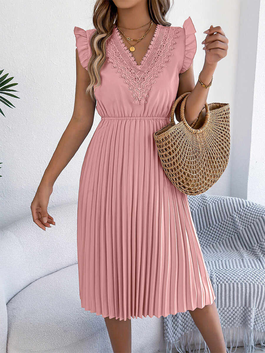 🔥Summer Arrivals🌟Women's Casual Lace V-neck Ruffled Pleated Dress