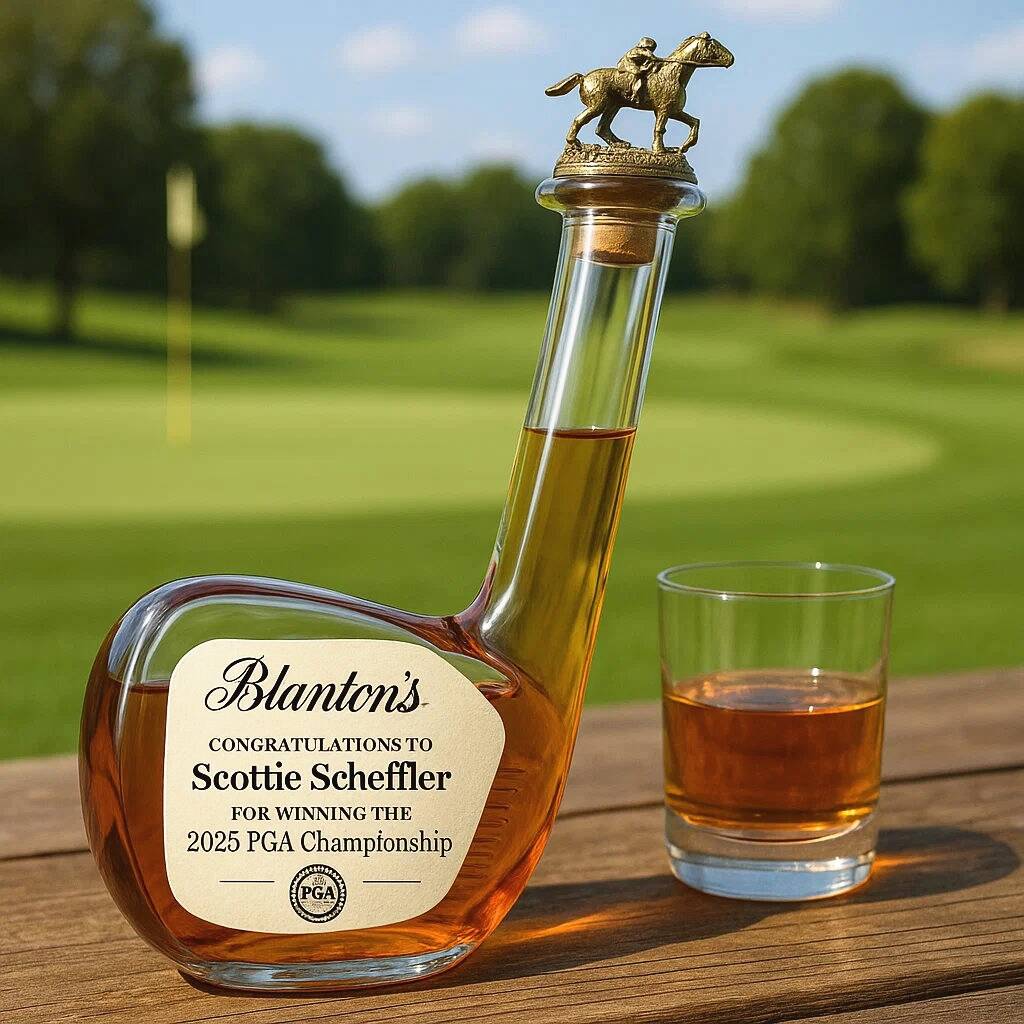 Golf club whiskey bottle commemorating Scottie Scheffler's win of the 2025 PGA Championship