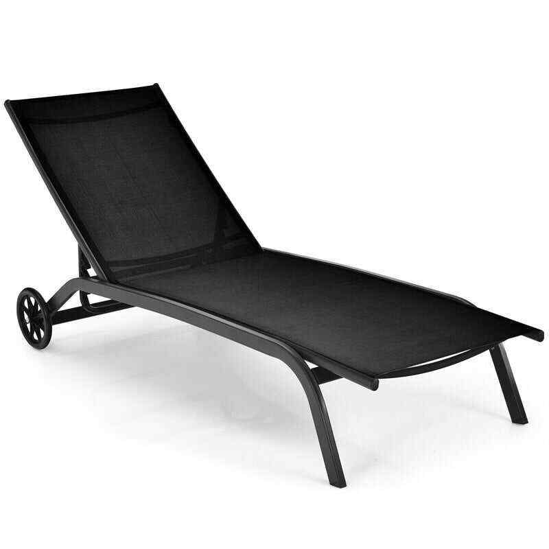 Outdoor Chaise Lounge Chair 6-Position Adjustable Patio Recliner Chair with Wheels for Backyard Pool