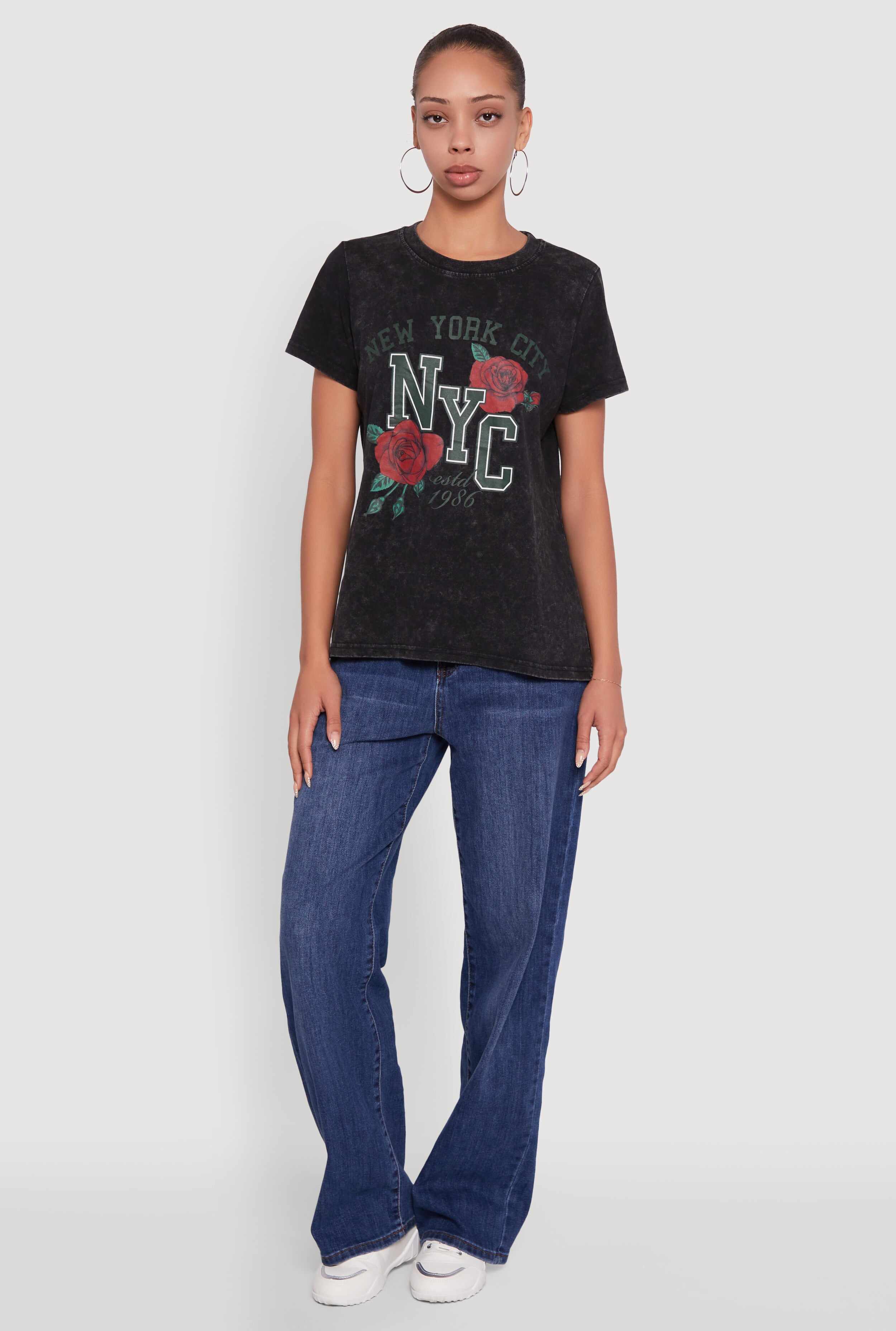 NYC Graphic Rose Print Acid Wash Classic Tee
