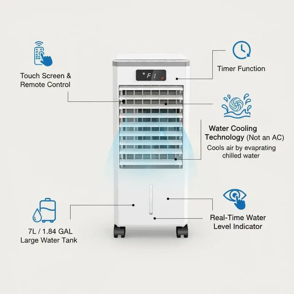 Portable Evaporative Air Cooler and Fan, 7L Capacity with Touch Display and Remote Control, Features 3 Speeds, 3 Modes, LED Display for Efficient Cooling