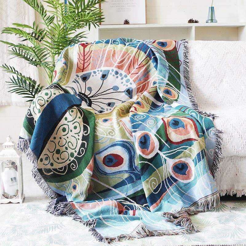 Peacock Print Tassel Reversible Blanket