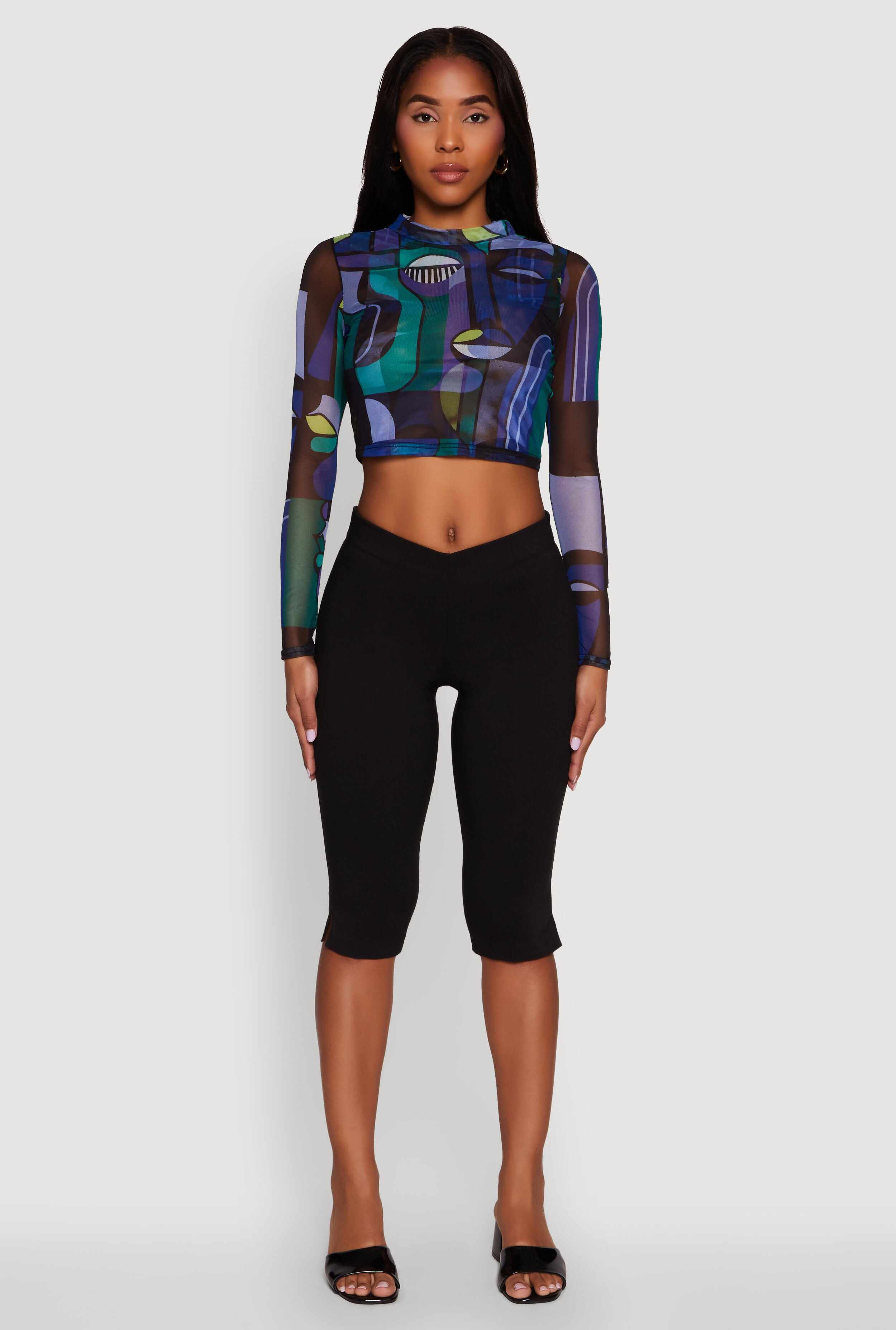 Trendy Mesh Sheer Long Sleeve Crop Top with Printed Pattern